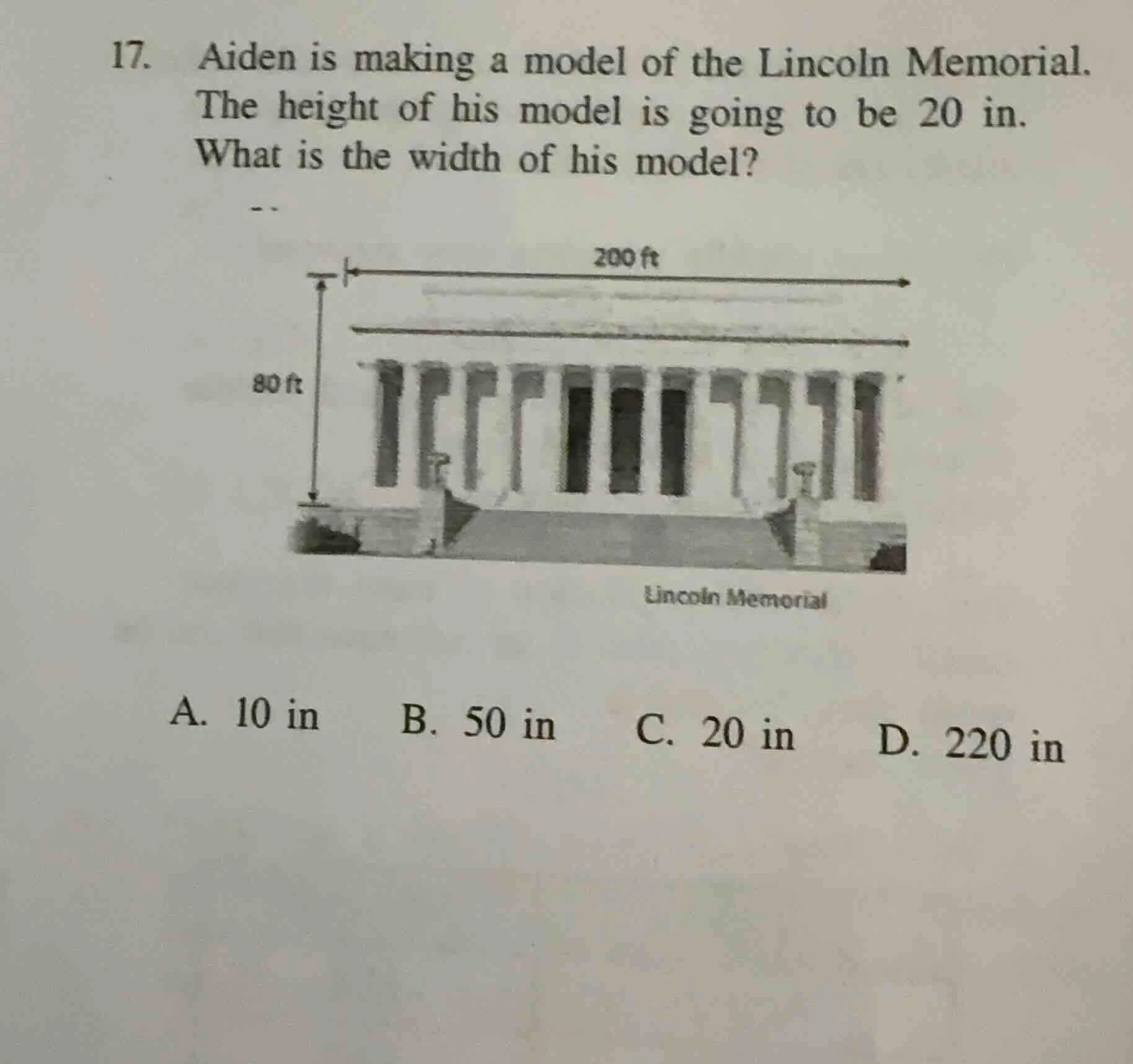 17. aiden is making a model of the lincoln memorial. the height of his …
