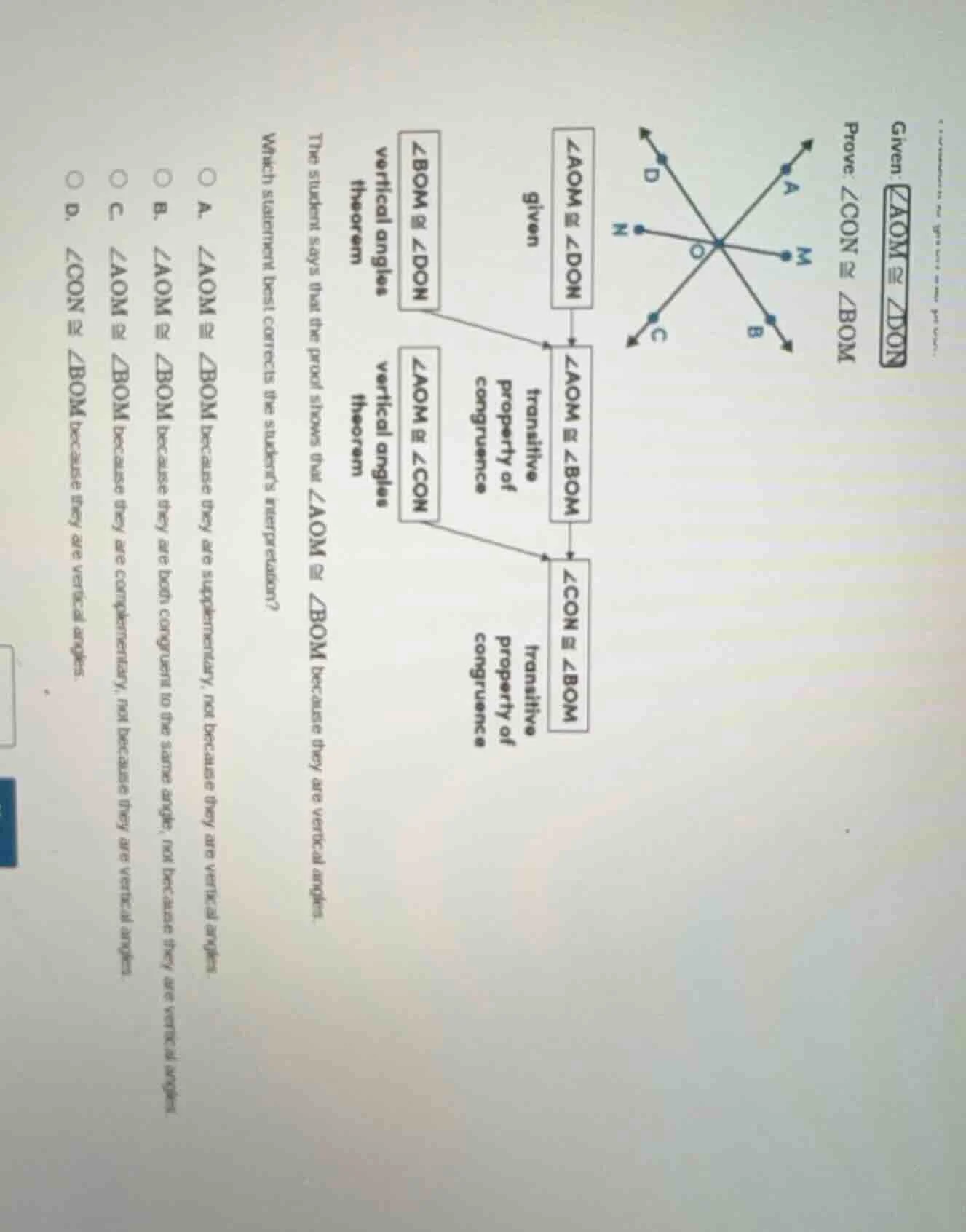 given: \\(\\angle aom \\cong \\angle don\\) prove: \\(\\angle con \\con…