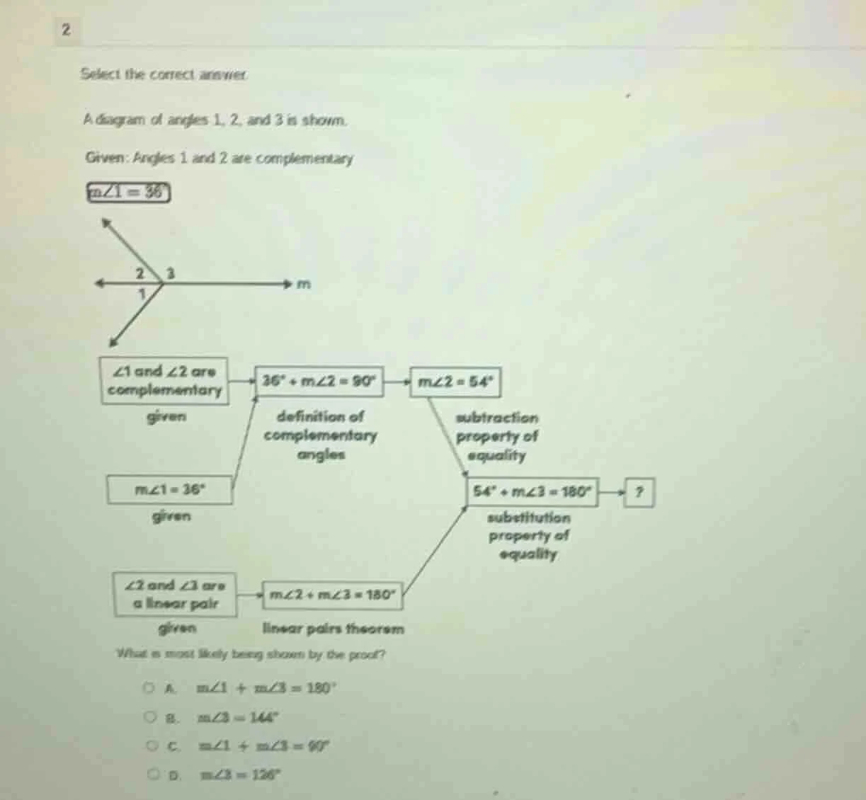select the correct answer. a diagram of angles 1, 2, and 3 is shown. gi…
