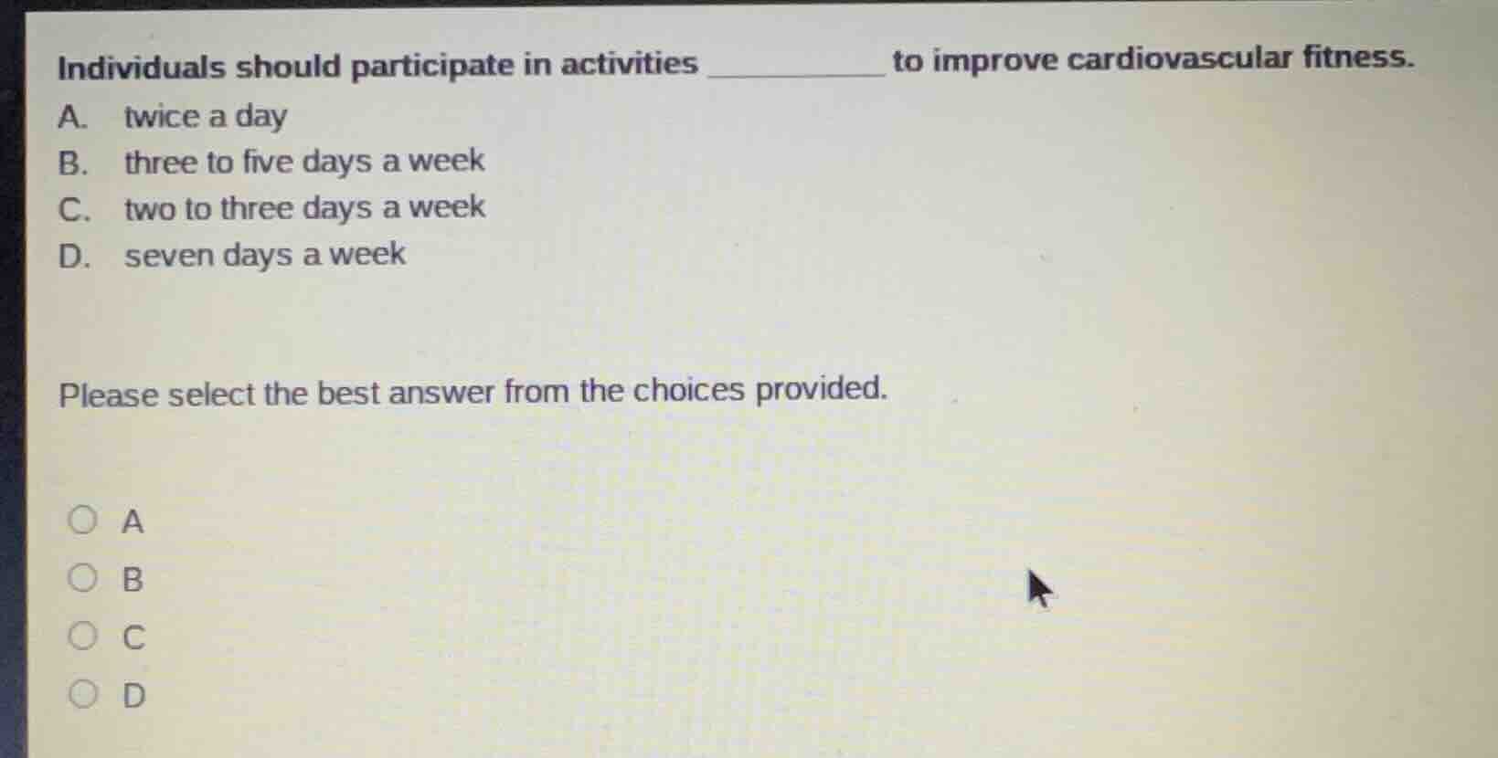 individuals should participate in activities ______ to improve cardiova…