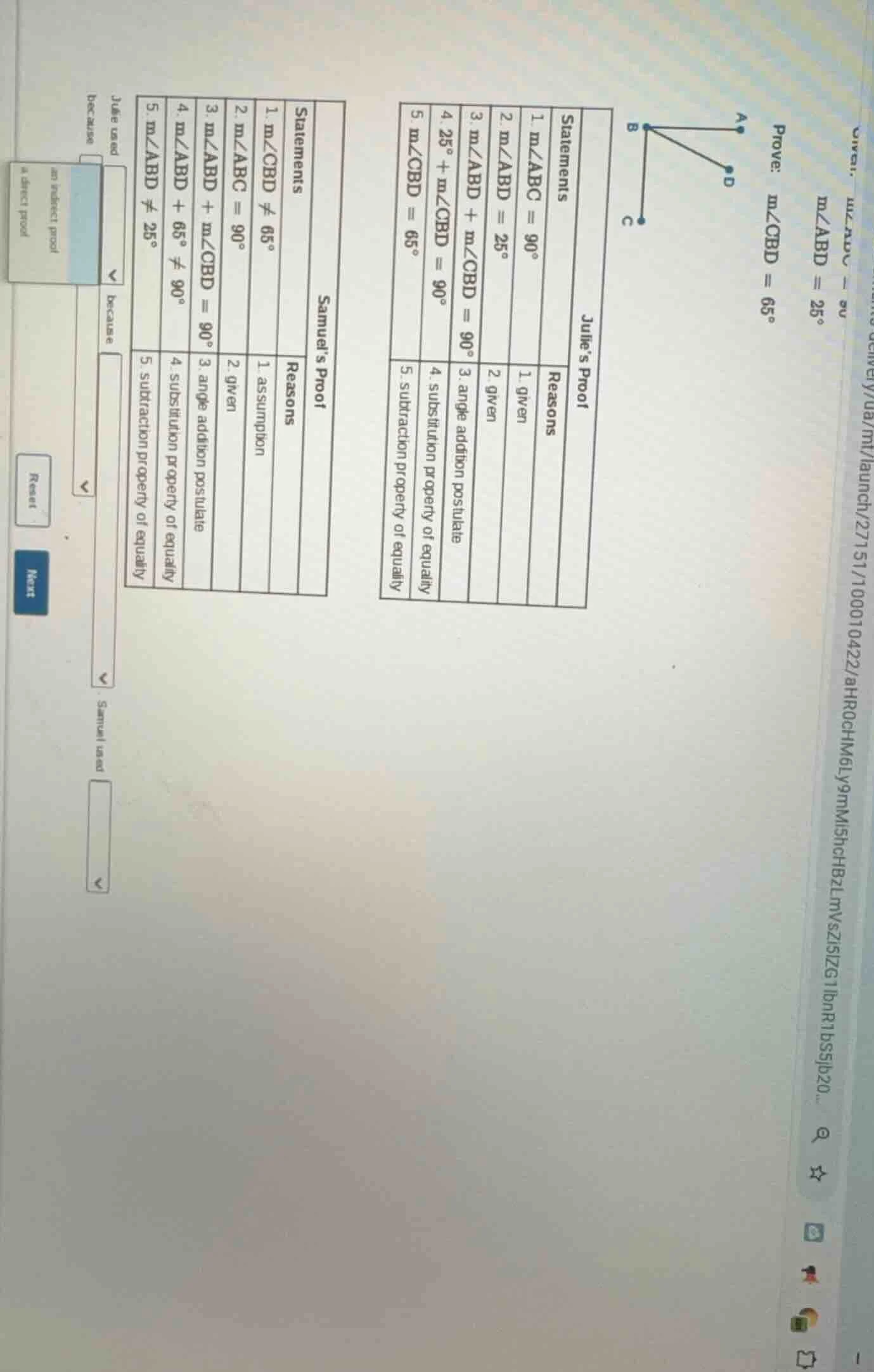 given: ( mangle abd = 25^circ ) prove: ( mangle cbd = 65^circ ) julie’s…