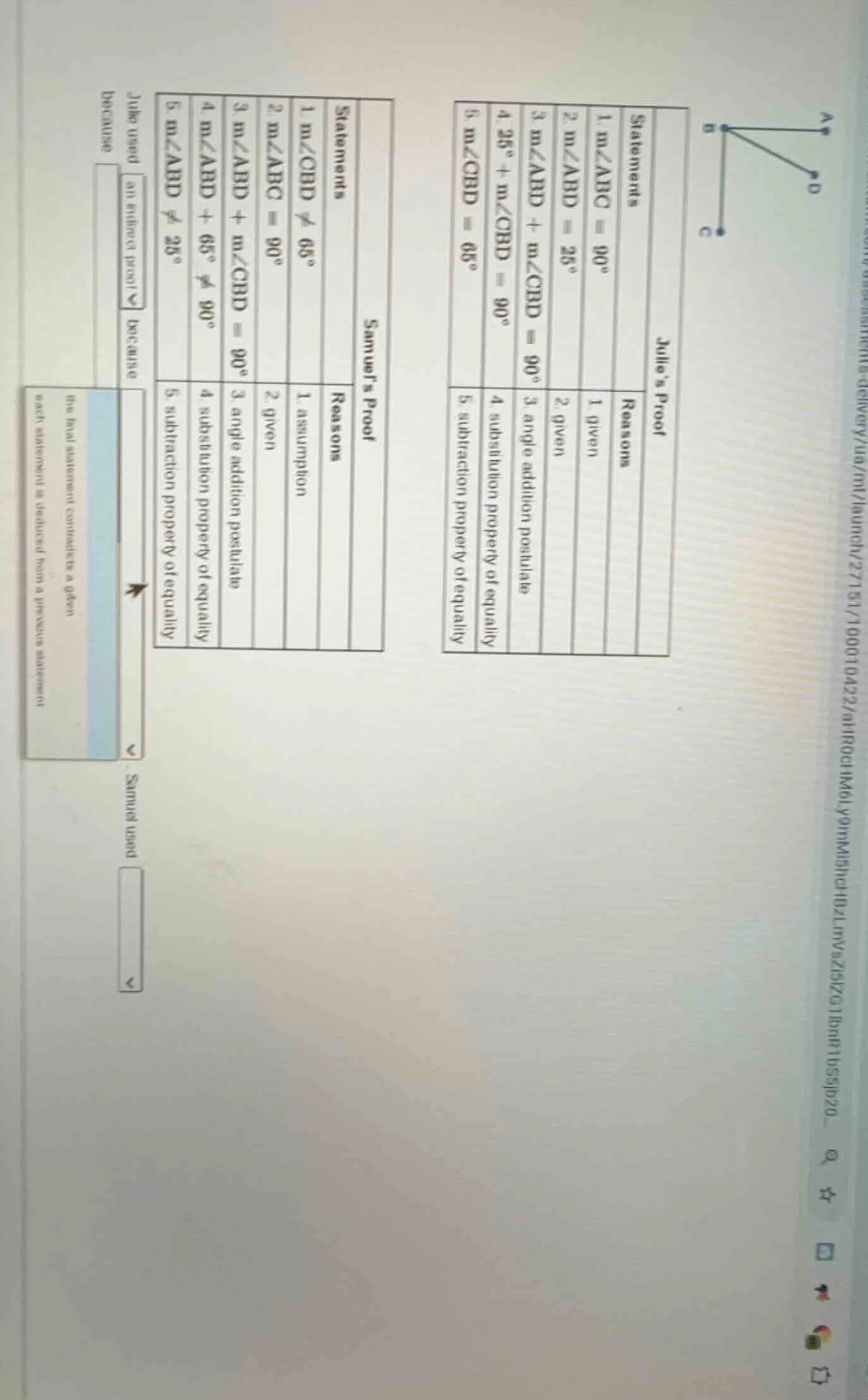 julie’s proof statements 1. ( mangle abc = 90^circ ) 2. ( mangle abd = …