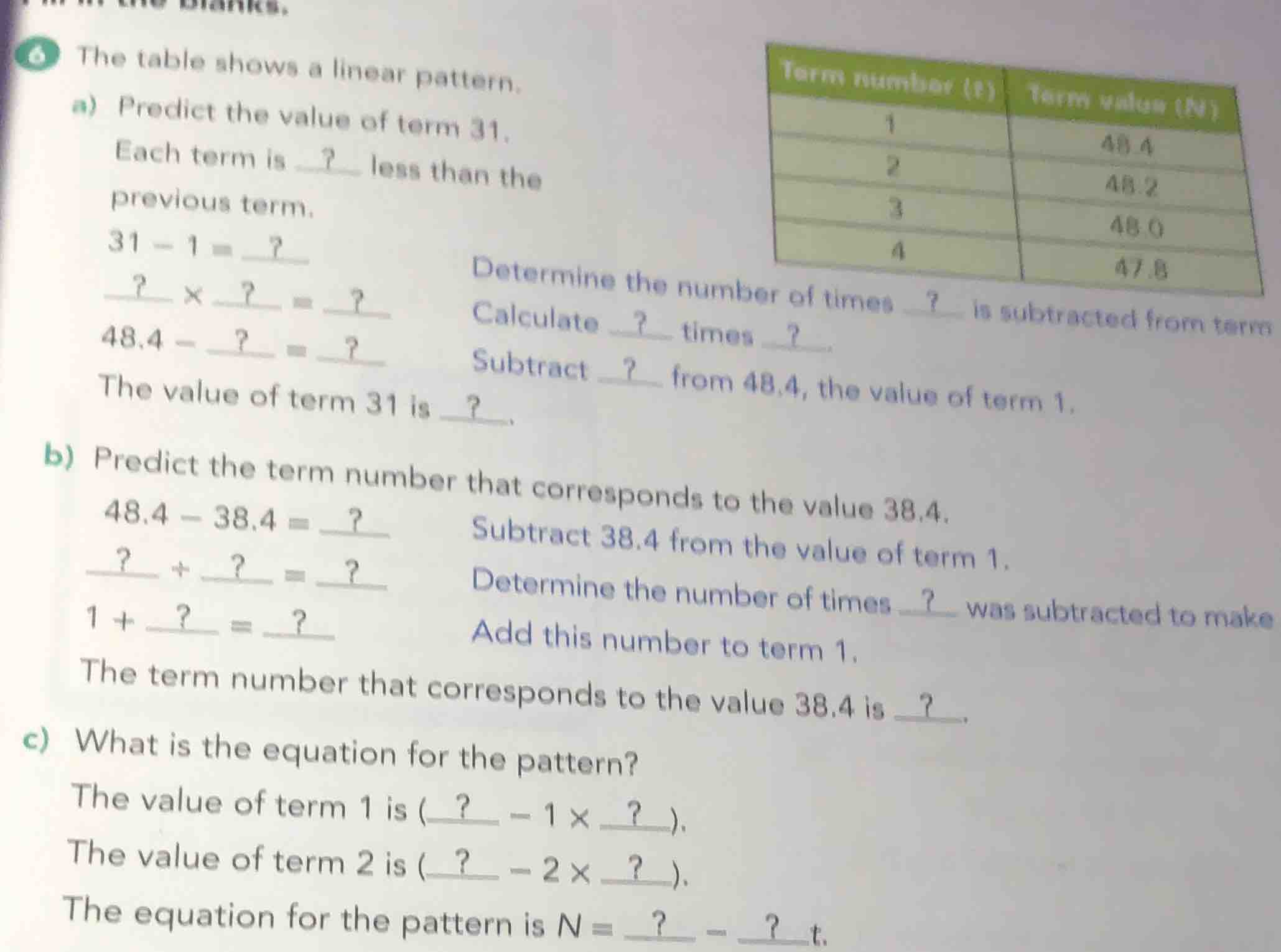 6 the table shows a linear pattern. a) predict the value of term 31. ea…