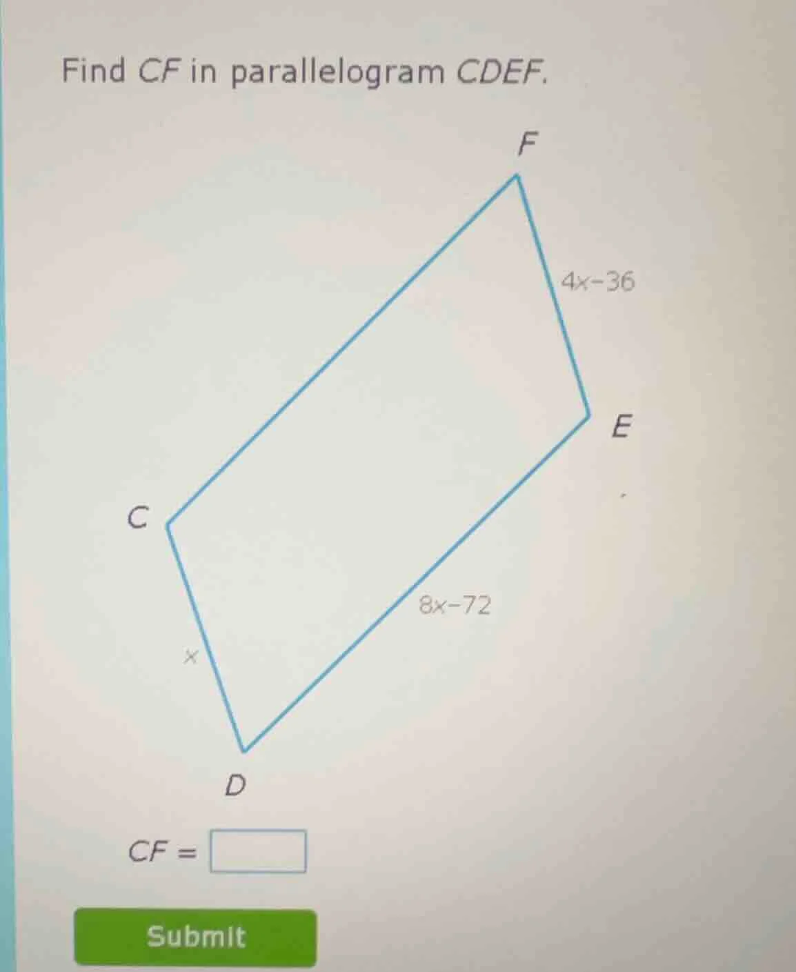 find cf in parallelogram cdef. cf = submit
