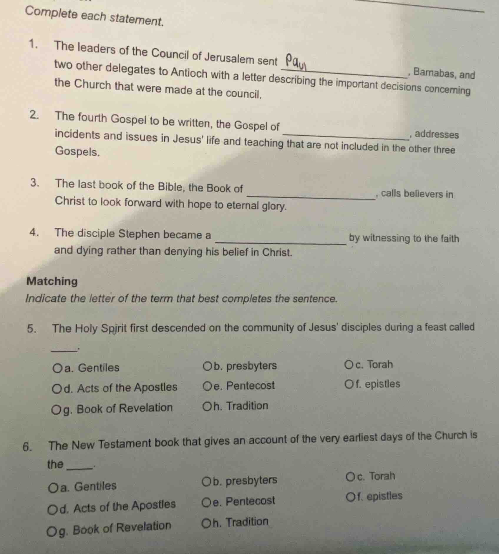 complete each statement. 1. the leaders of the council of jerusalem sen…