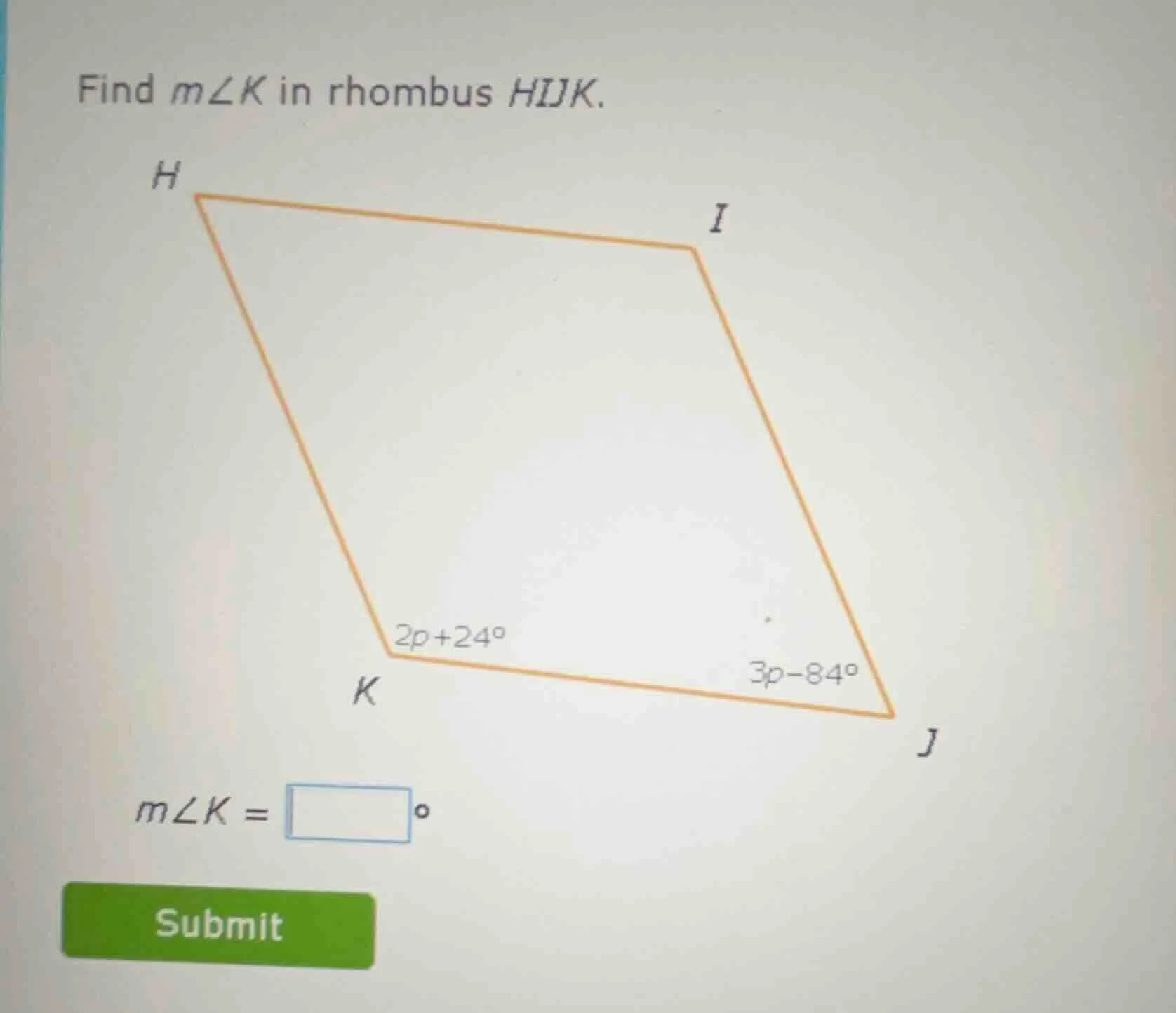 find ( mangle k ) in rhombus ( hijk ). ( mangle k = square^circ )