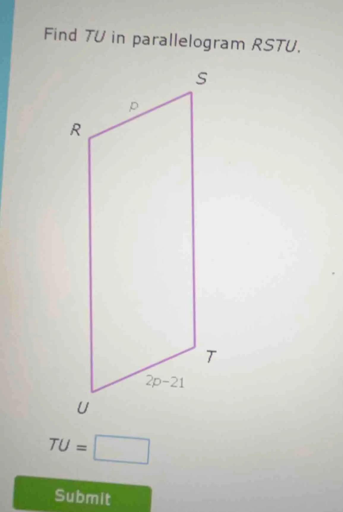 find tu in parallelogram rstu. tu = submit