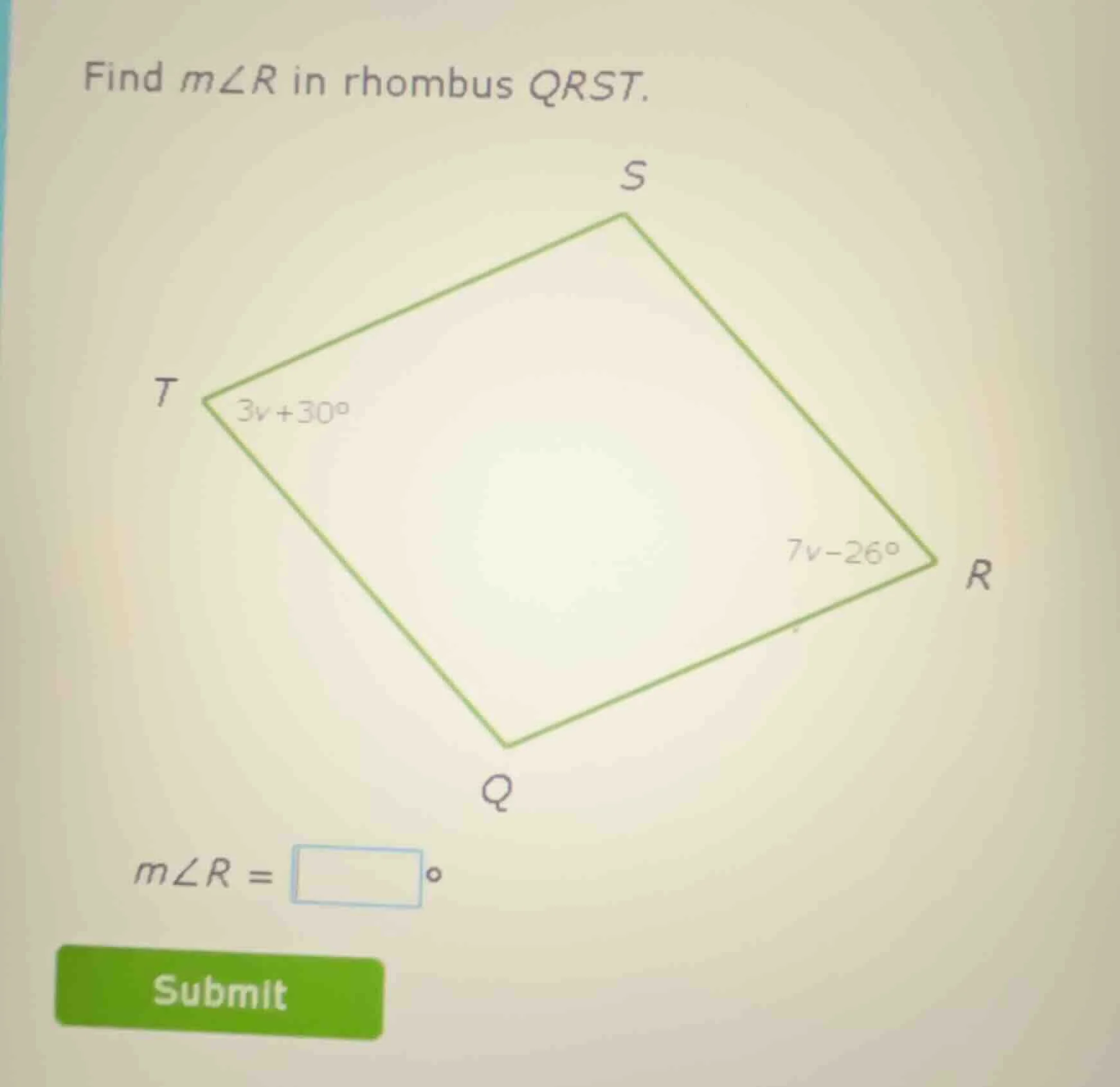 find ( mangle r ) in rhombus ( qrst ). ( mangle r = square^circ )