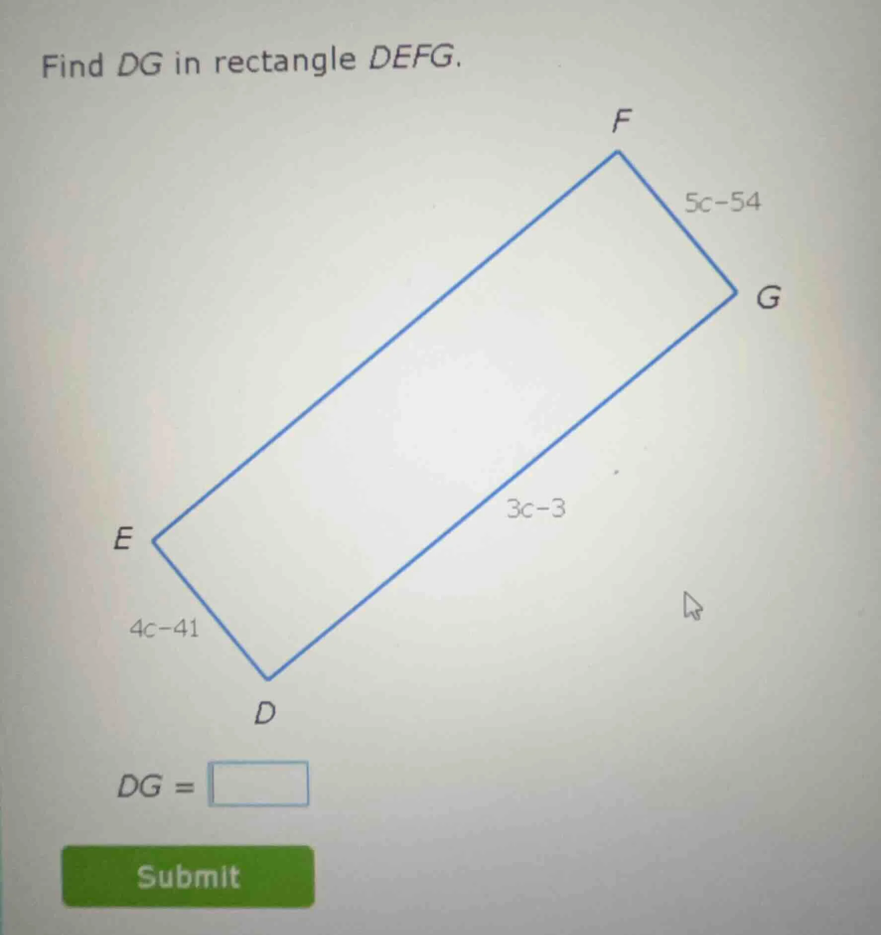 find dg in rectangle defg. dg = submit