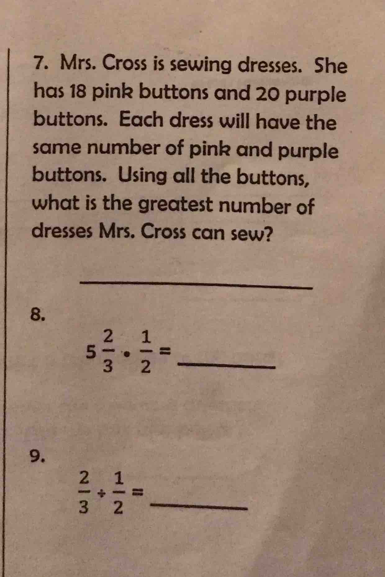 7. mrs. cross is sewing dresses. she has 18 pink buttons and 20 purple …