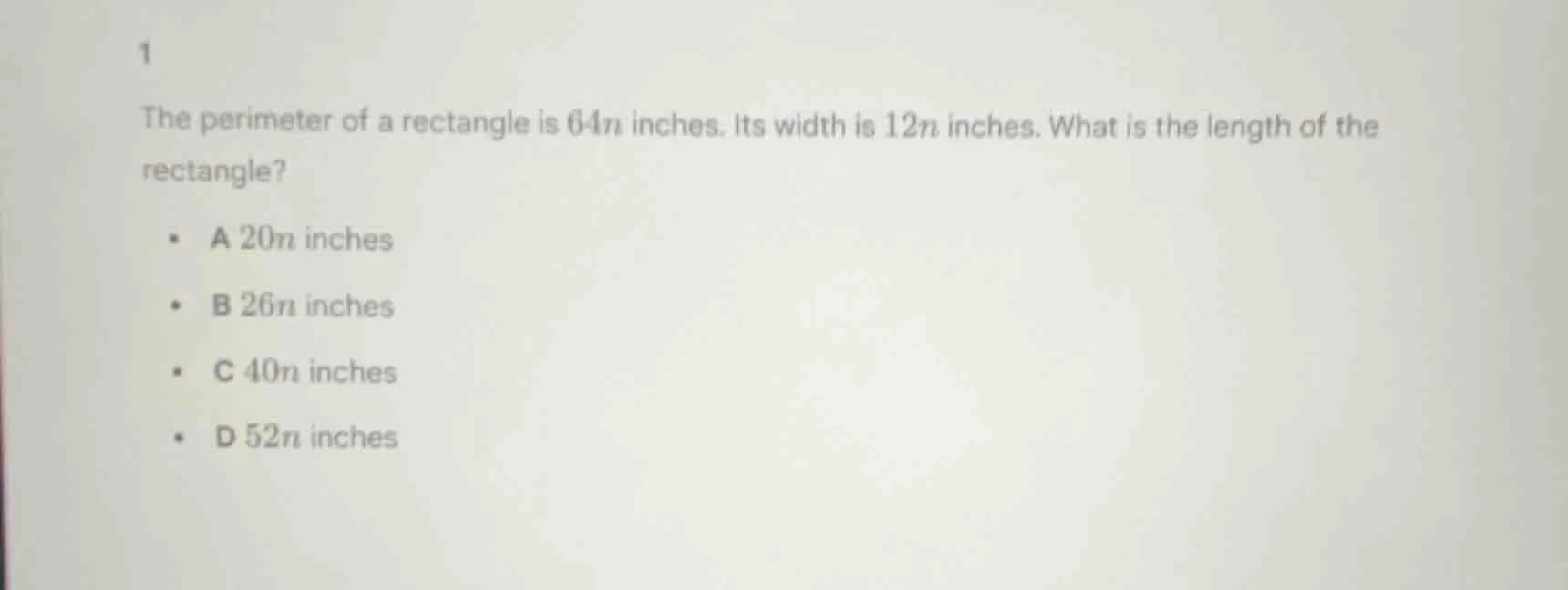 1 the perimeter of a rectangle is 64n inches. its width is 12n inches. …