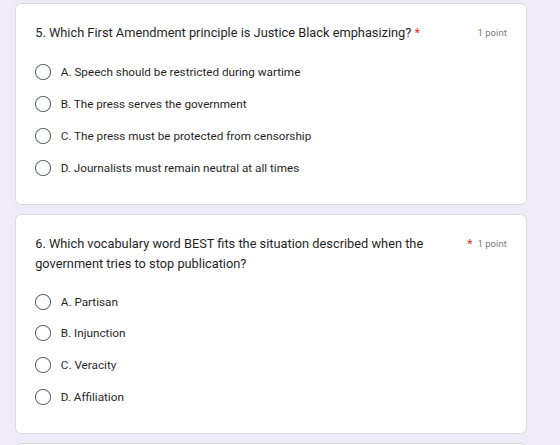 5. which first amendment principle is justice black emphasizing? * a. s…