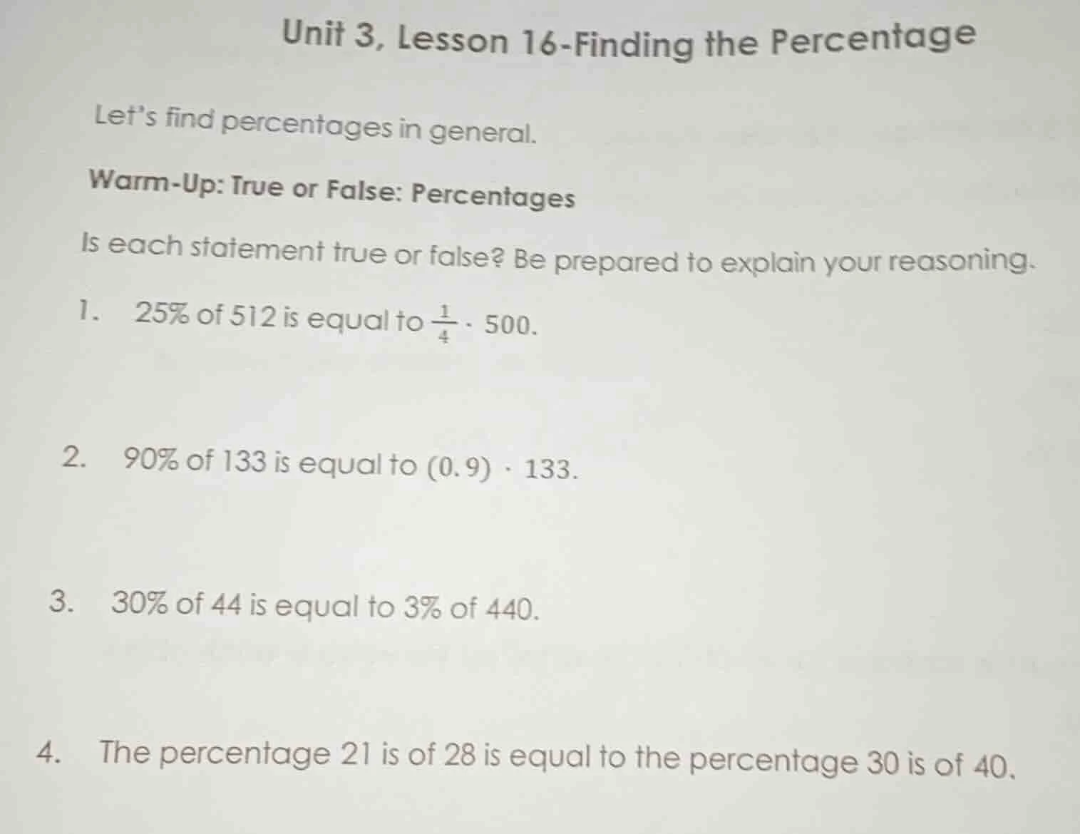 unit 3, lesson 16 - finding the percentage lets find percentages in gen…