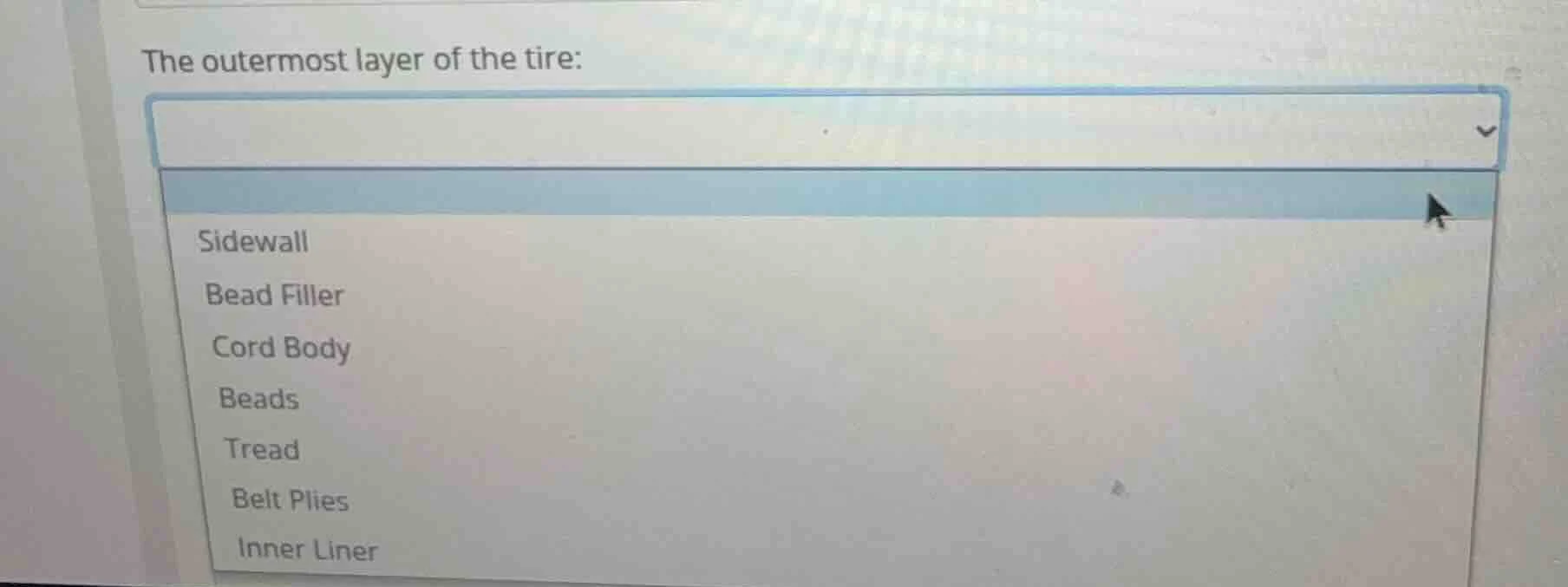 the outermost layer of the tire: sidewall bead filler cord body beads t…