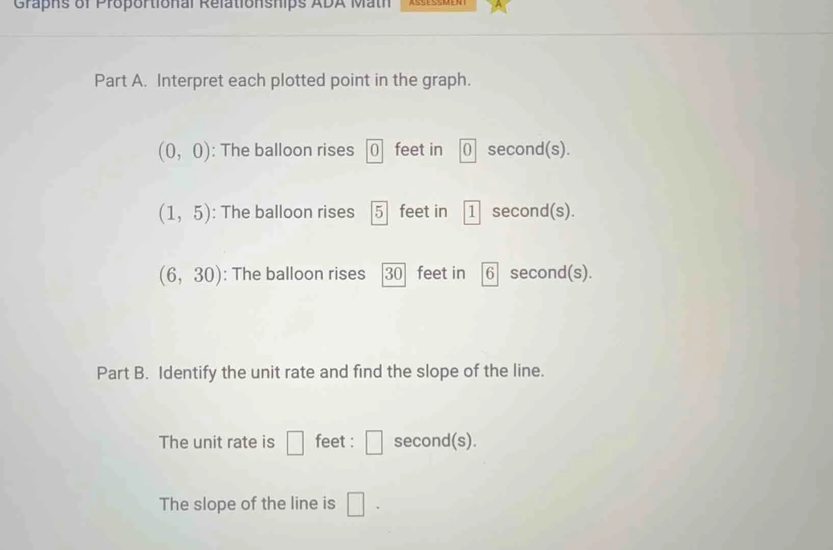 graphs of proportional relationships ada math assessment part a. interp…