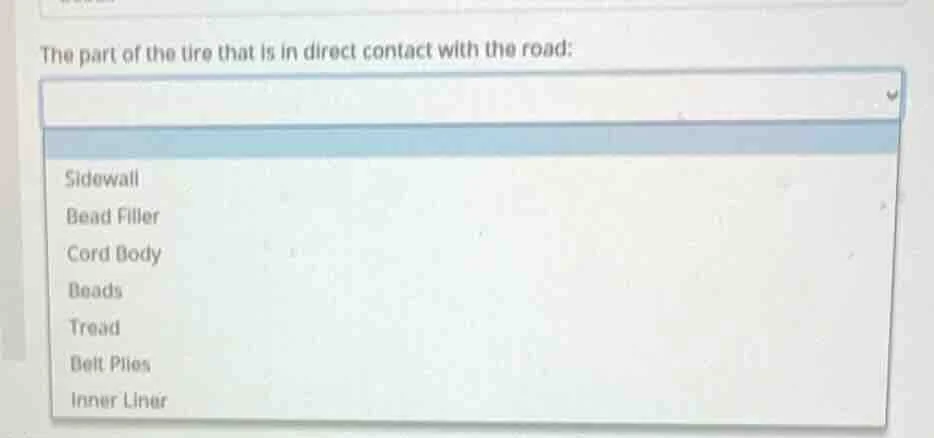 the part of the tire that is in direct contact with the road: sidewall …