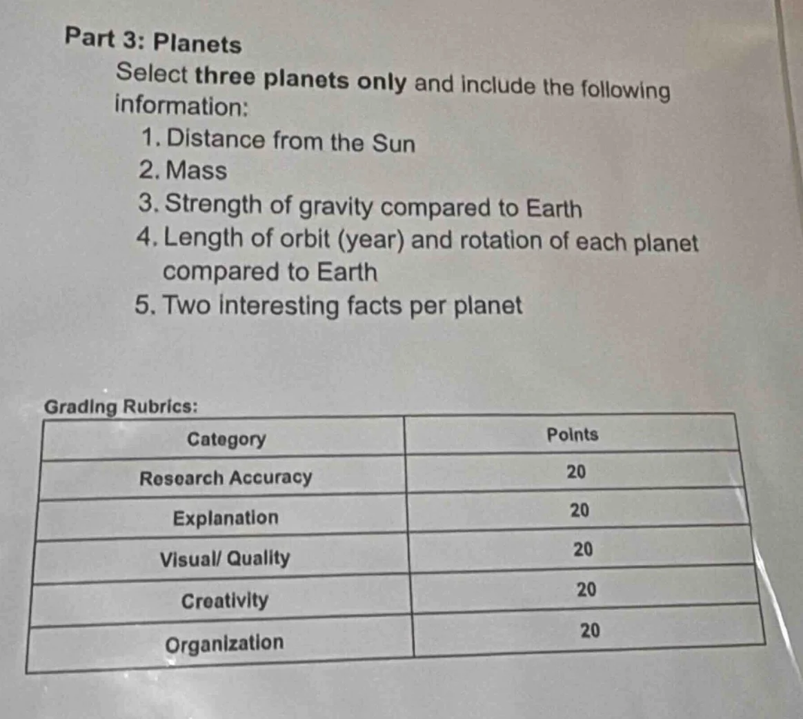 part 3: planets select three planets only and include the following inf…