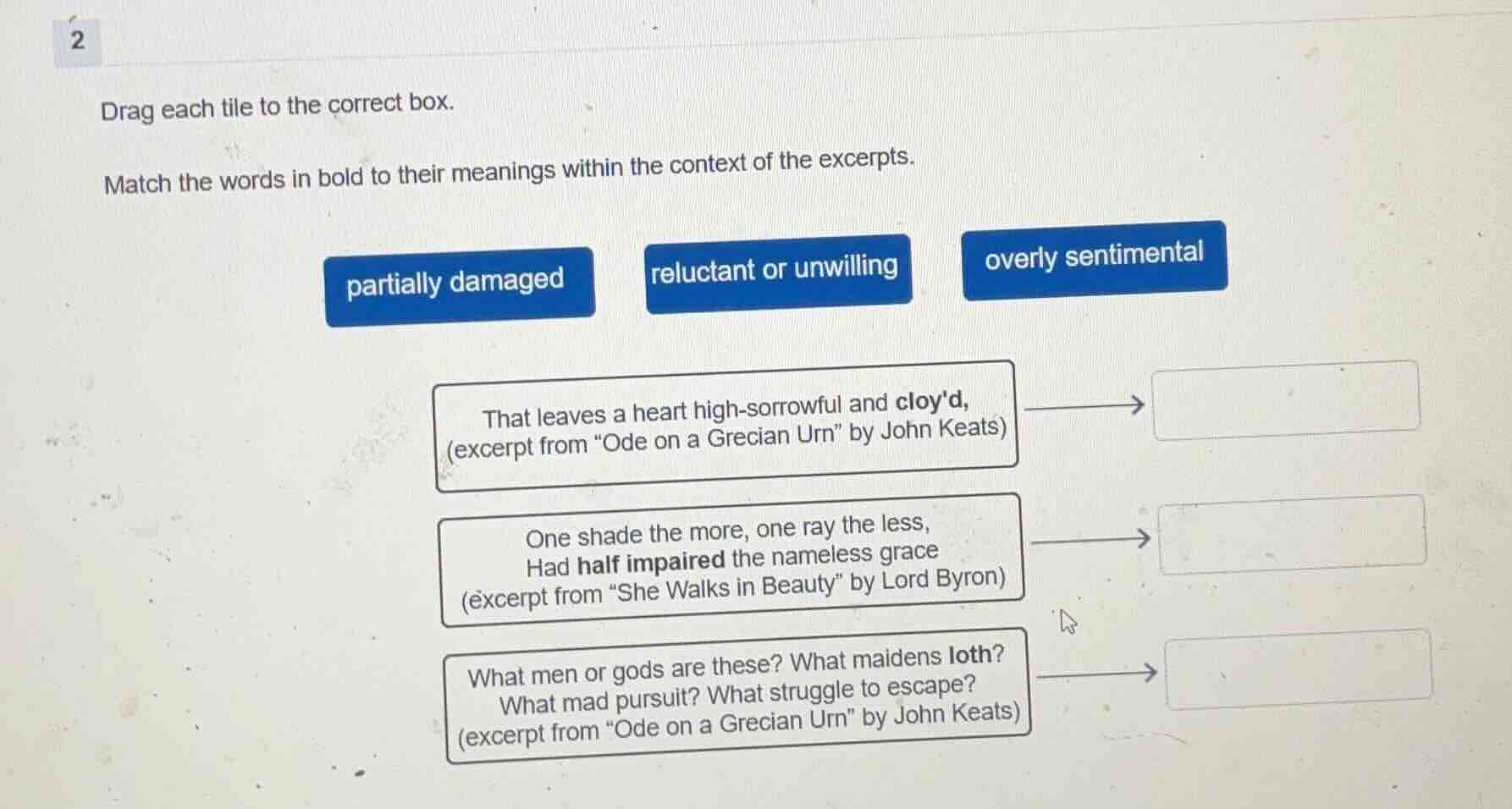 drag each tile to the correct box. match the words in bold to their mea…