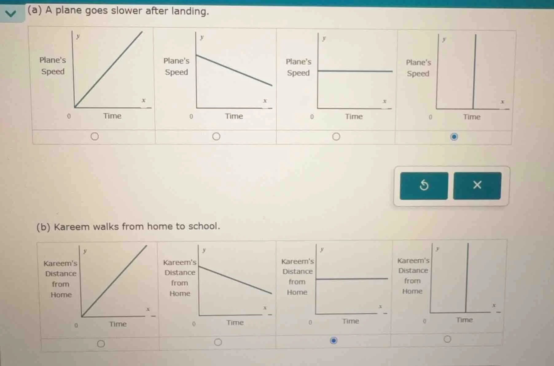 (a) a plane goes slower after landing. (b) kareem walks from home to sc…