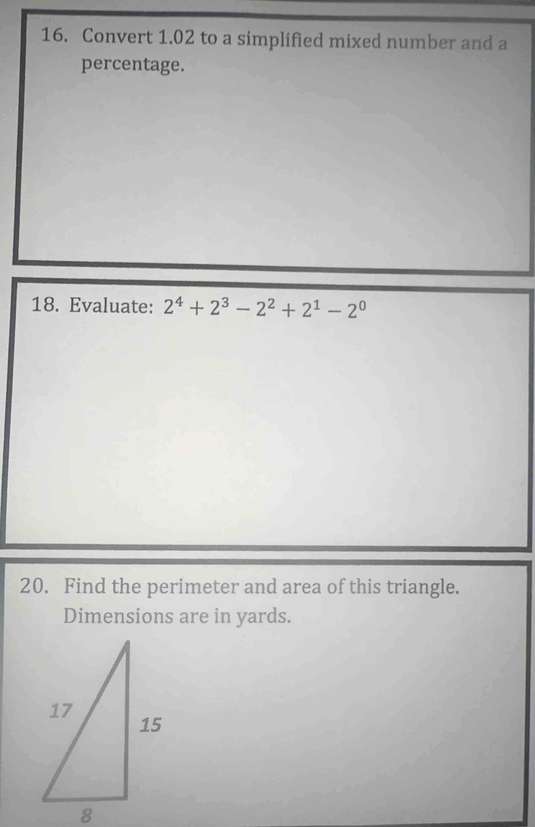 16. convert 1.02 to a simplified mixed number and a percentage. 18. eva…