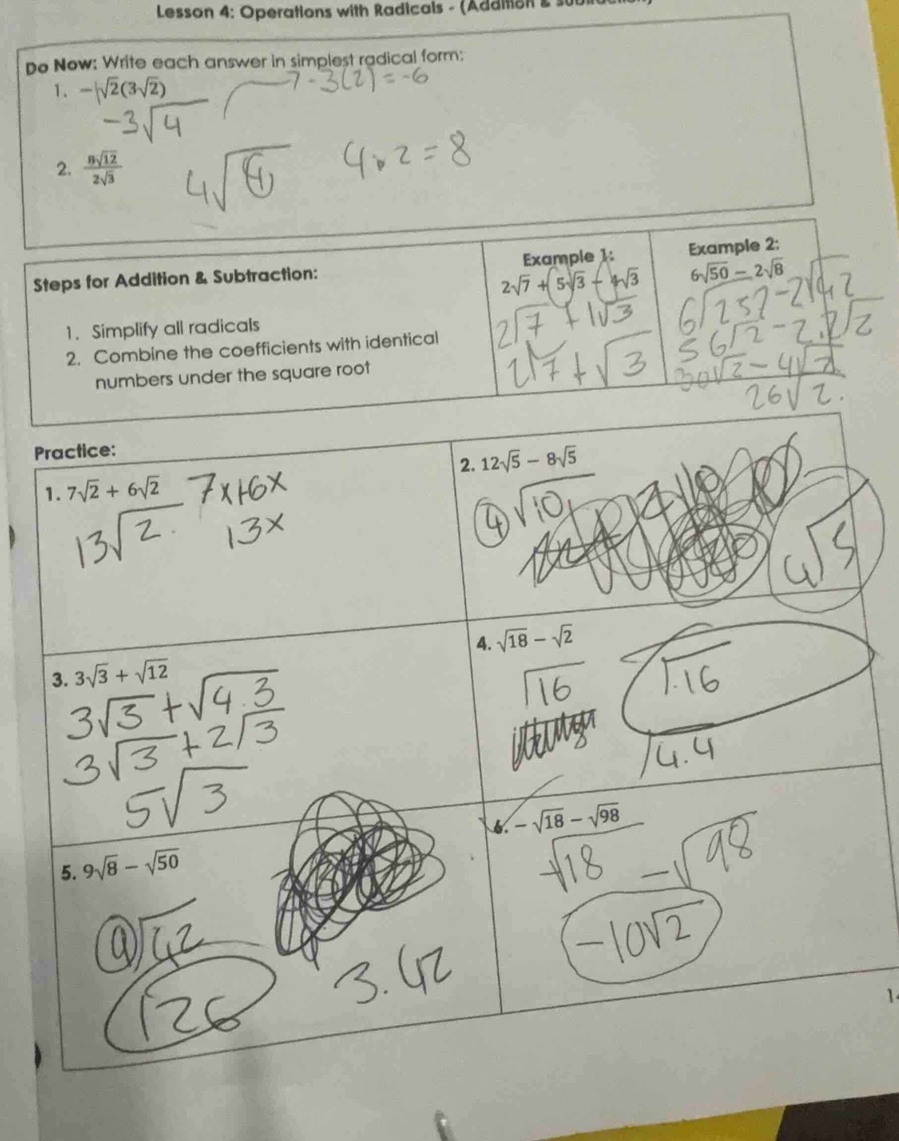 lesson 4: operations with radicals - (addition & subtraction) do now: w…