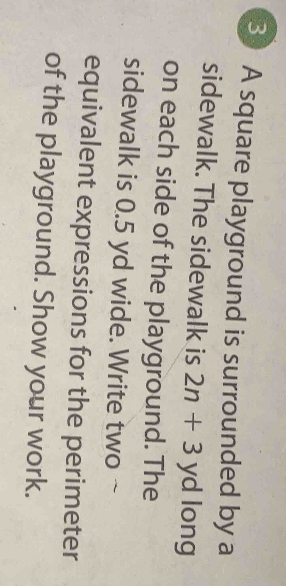 a square playground is surrounded by a sidewalk. the sidewalk is 2n + 3…