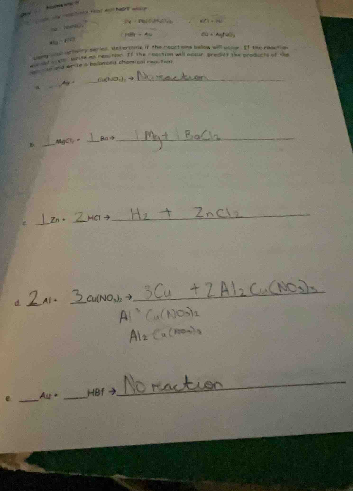 using your activity series, determine if the reactions below will occur…