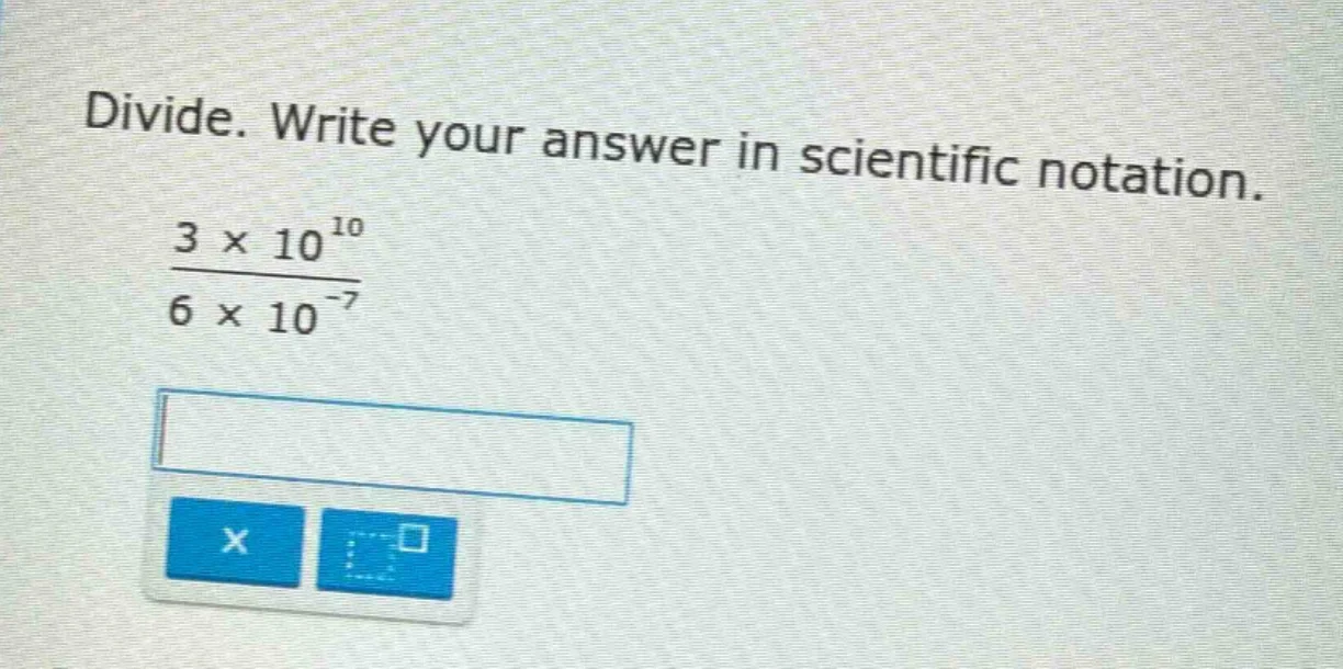 divide. write your answer in scientific notation.\\(\frac{3 \times 10^{…