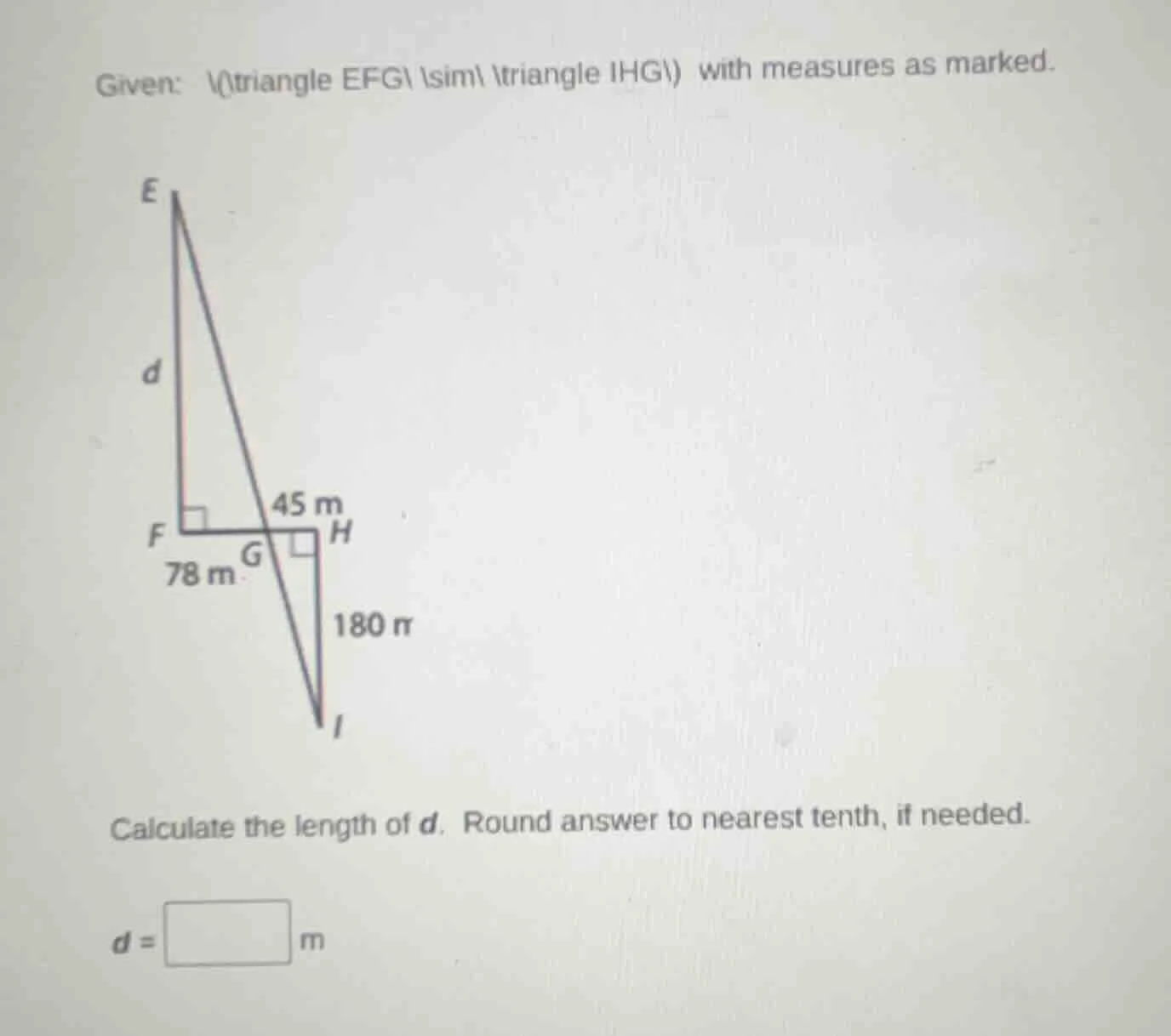 given: \\(\\triangle efg \\sim \\triangle ihg\\) with measures as marke…