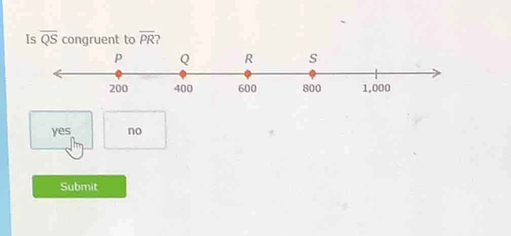 is $overline{qs}$ congruent to $overline{pr}$? (there is a number line …