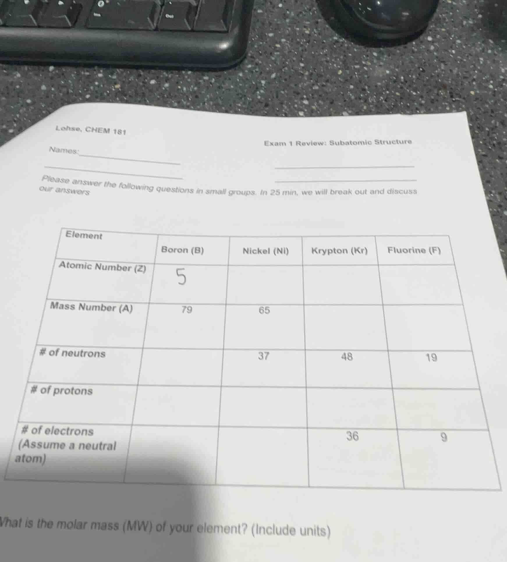 lohse, chem 181 exam 1 review: subatomic structure names: please answer…