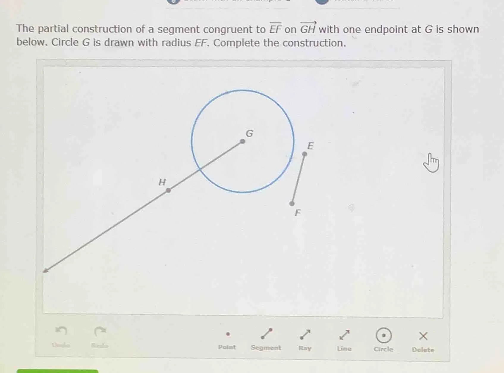 the partial construction of a segment congruent to \\(\\overline{ef}\\)…