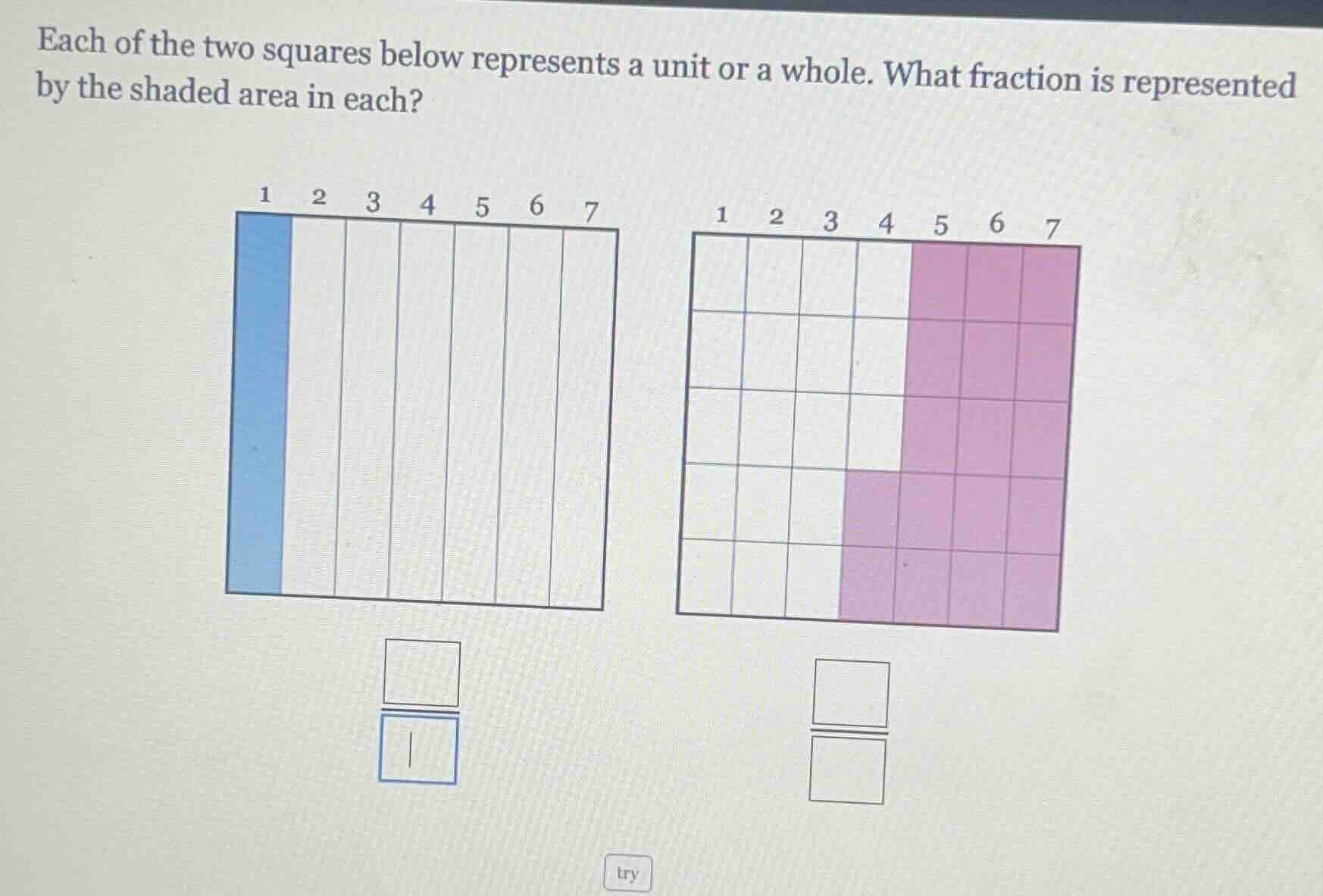 each of the two squares below represents a unit or a whole. what fracti…
