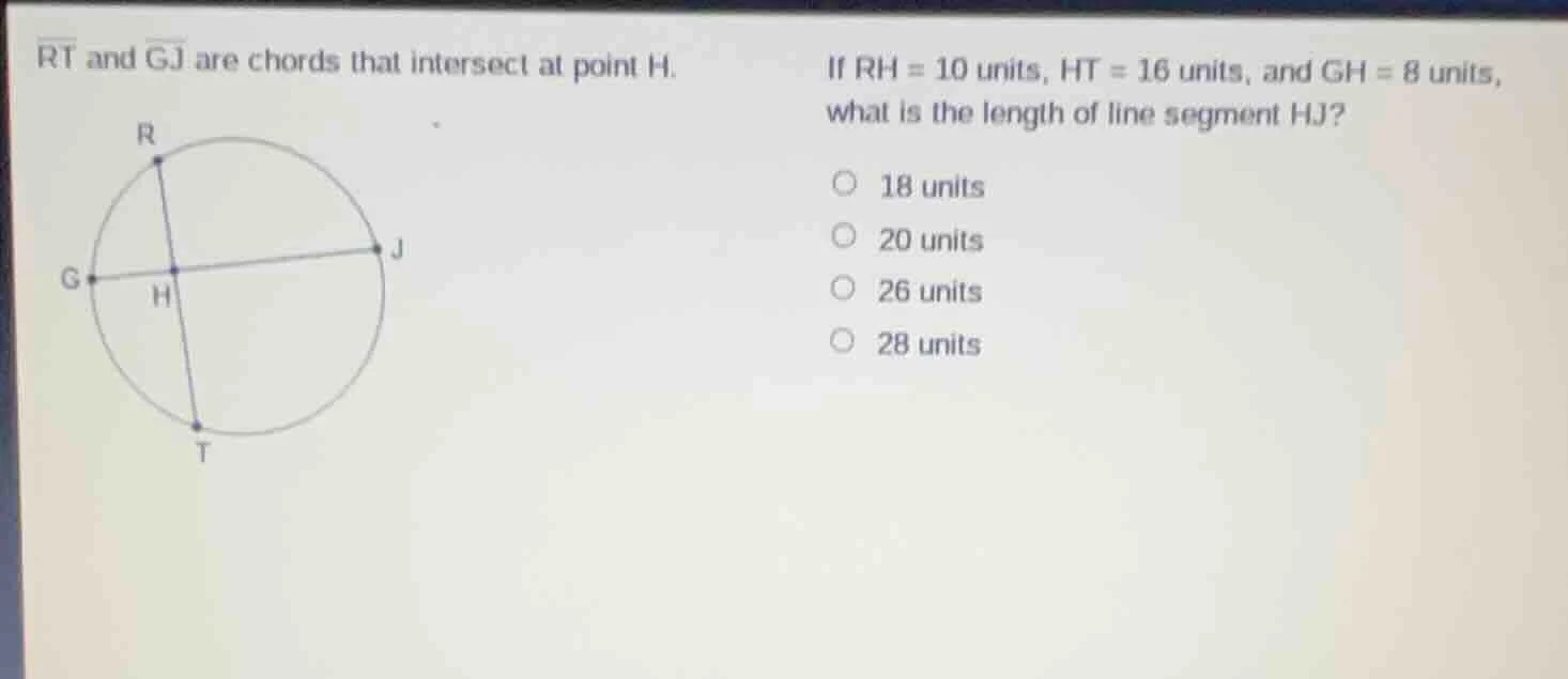 rt and gj are chords that intersect at point h. if rh = 10 units, ht = …
