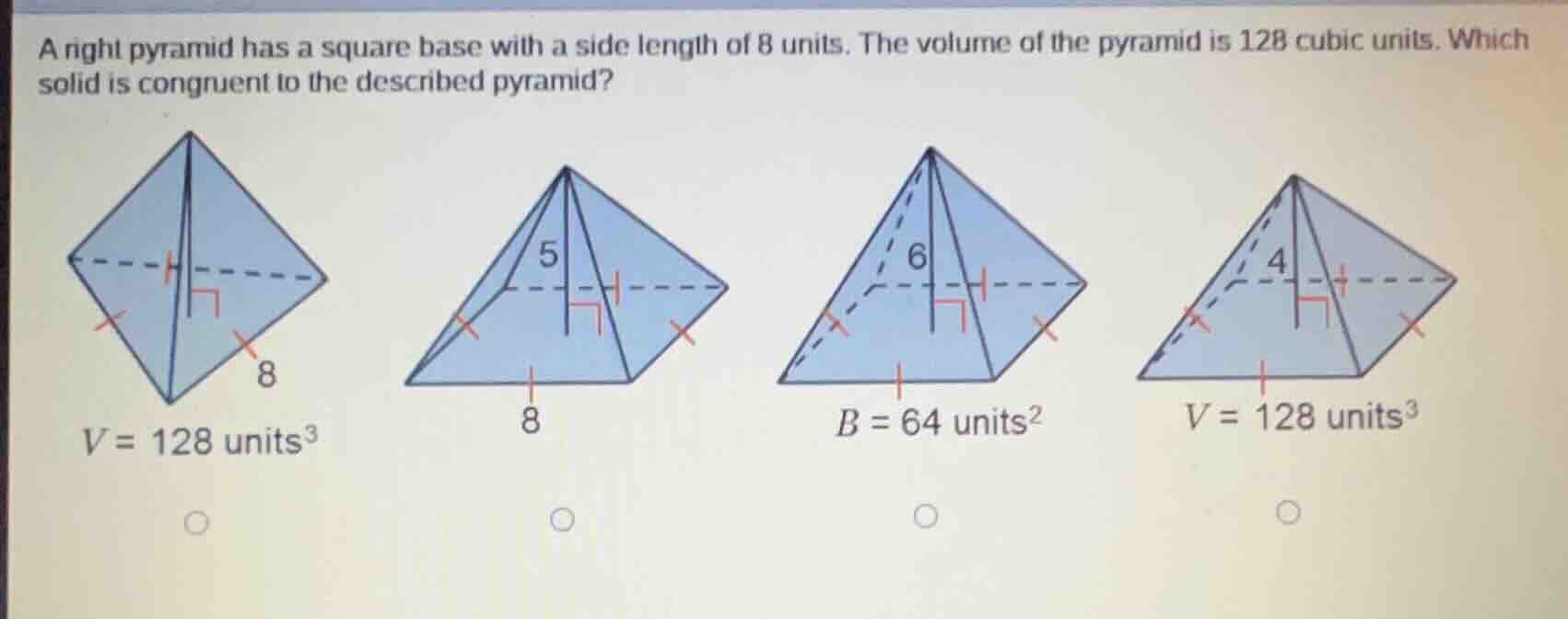 a right pyramid has a square base with a side length of 8 units. the vo…
