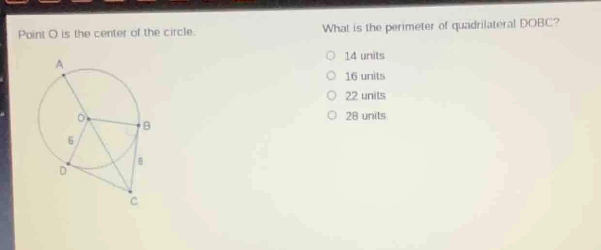 point o is the center of the circle. what is the perimeter of quadrilat…