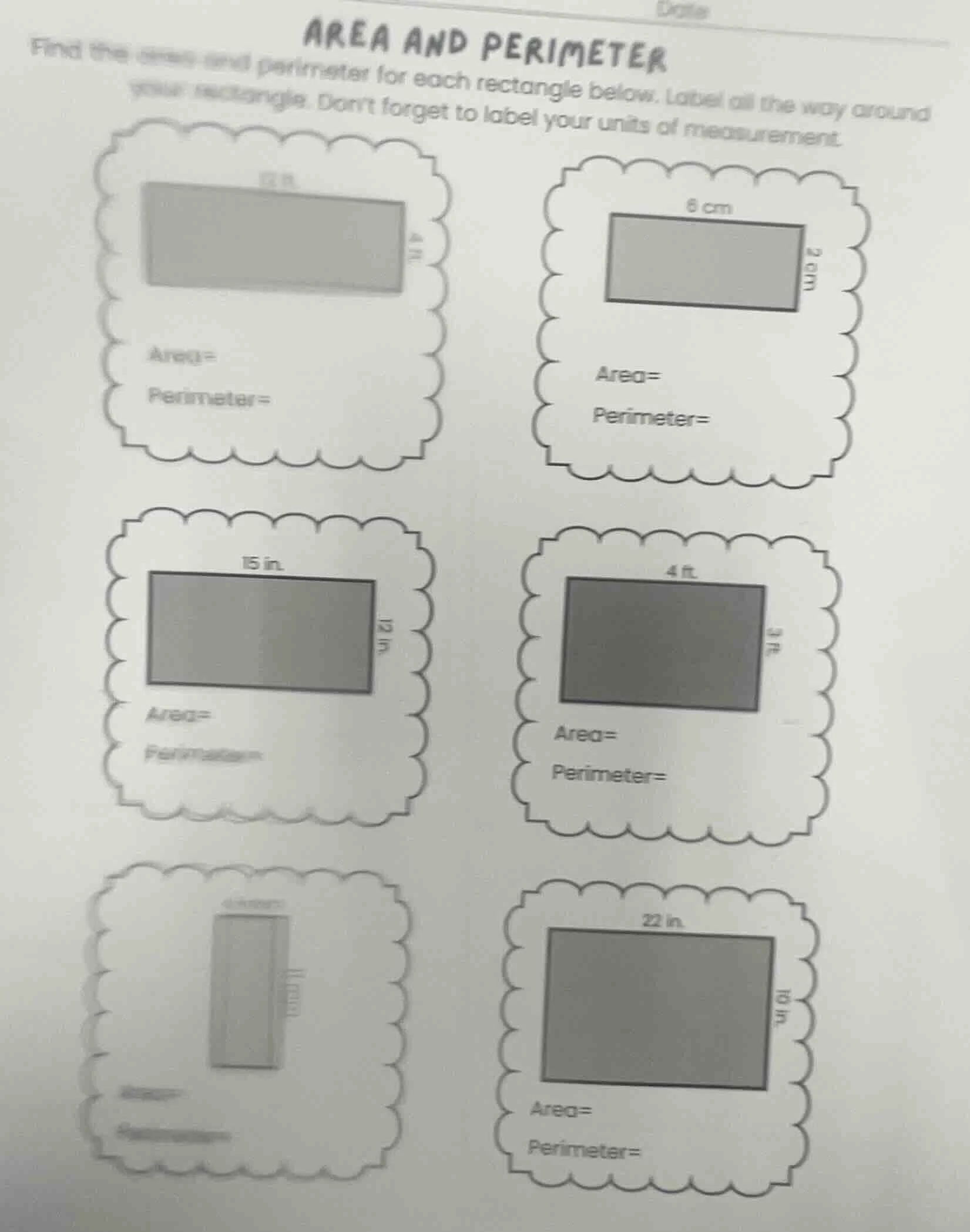 area and perimeter find the area and perimeter for each rectangle below…