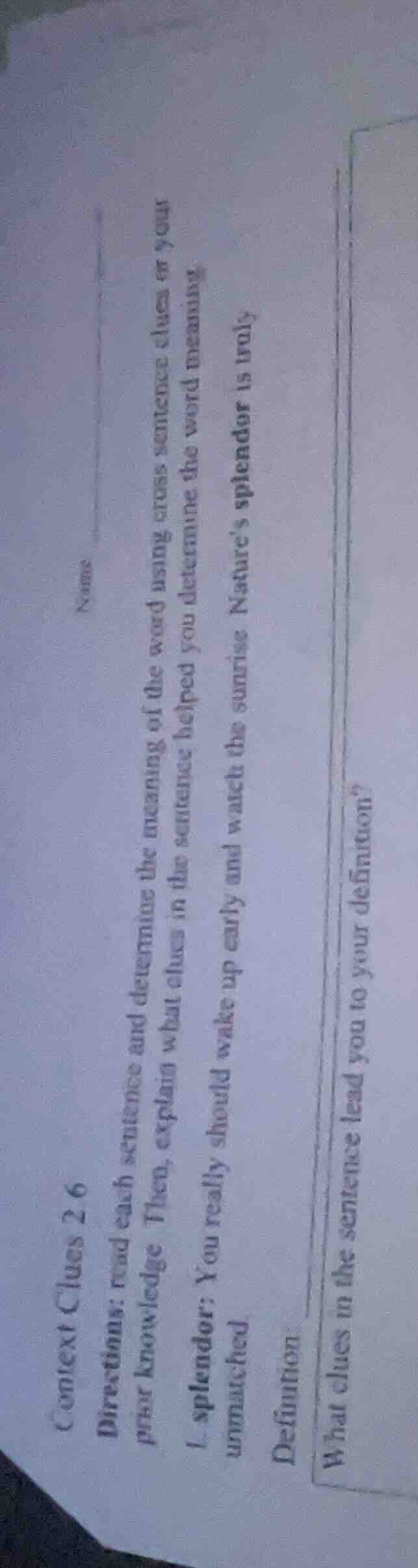 context clues 2.6 name directions: read each sentence and determine the…