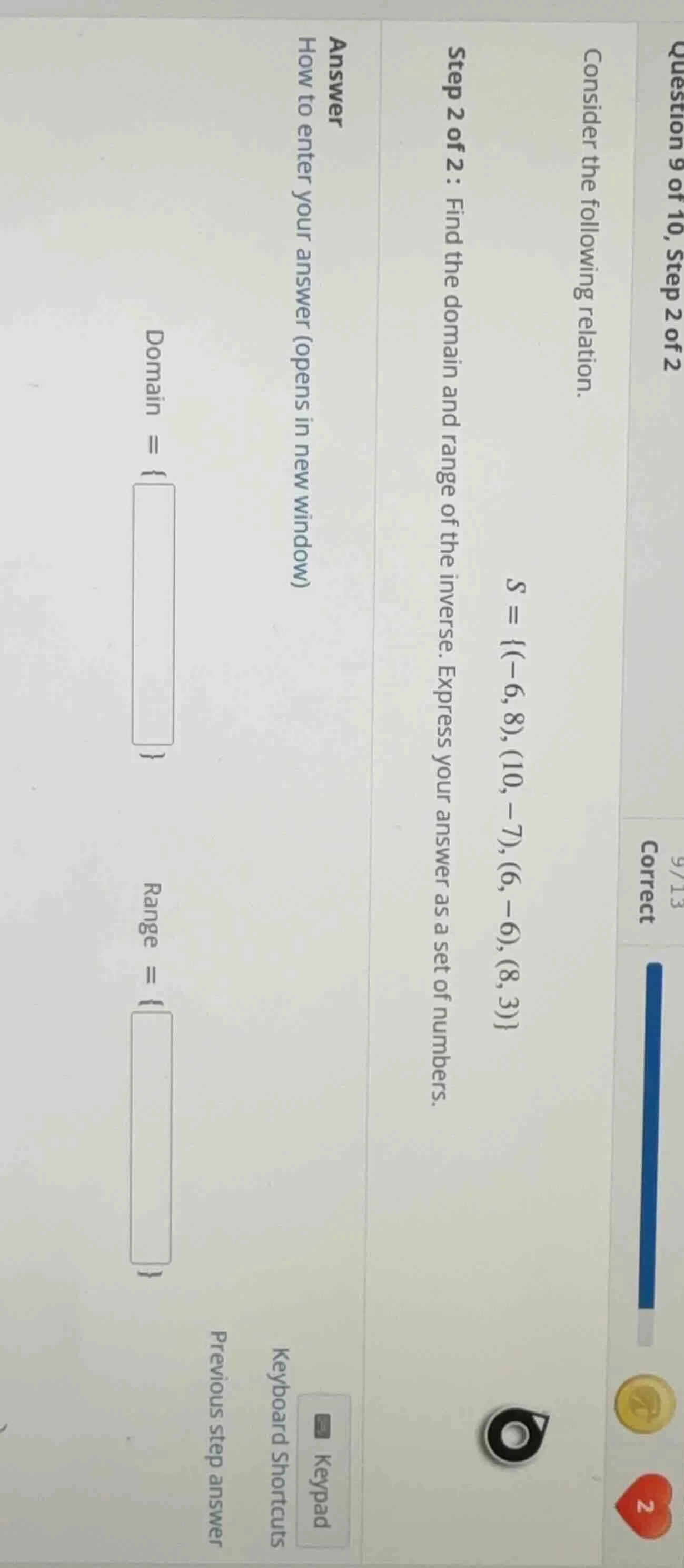 question 9 of 10, step 2 of 2 consider the following relation. s = {(-6…