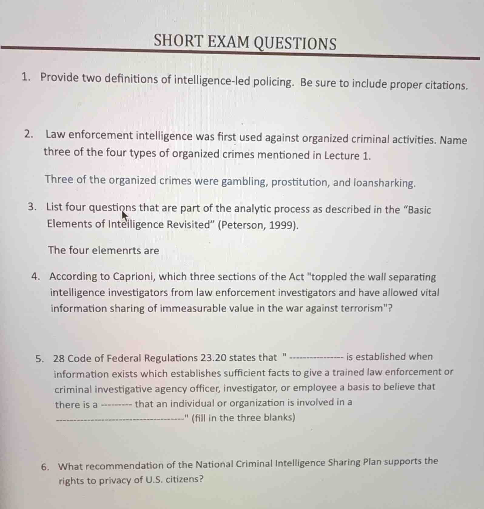 short exam questions 1. provide two definitions of intelligence - led p…