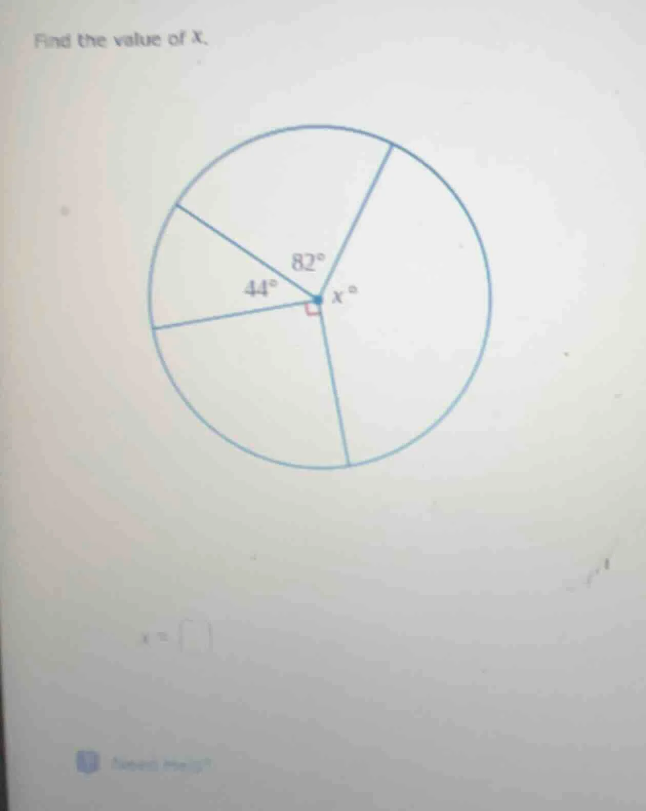 find the value of x. (there is a circle with several angles at the cent…
