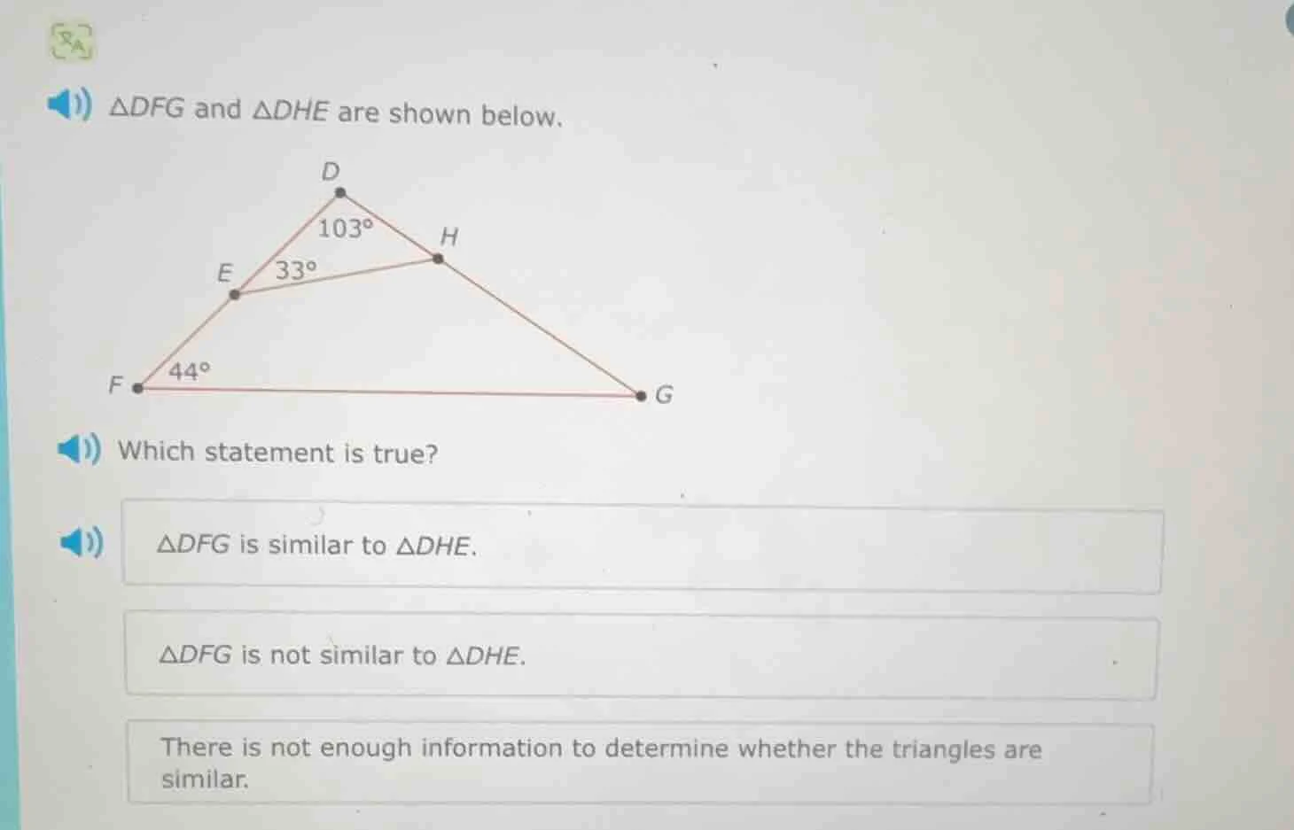 △dfg and △dhe are shown below. which statement is true? △dfg is similar…