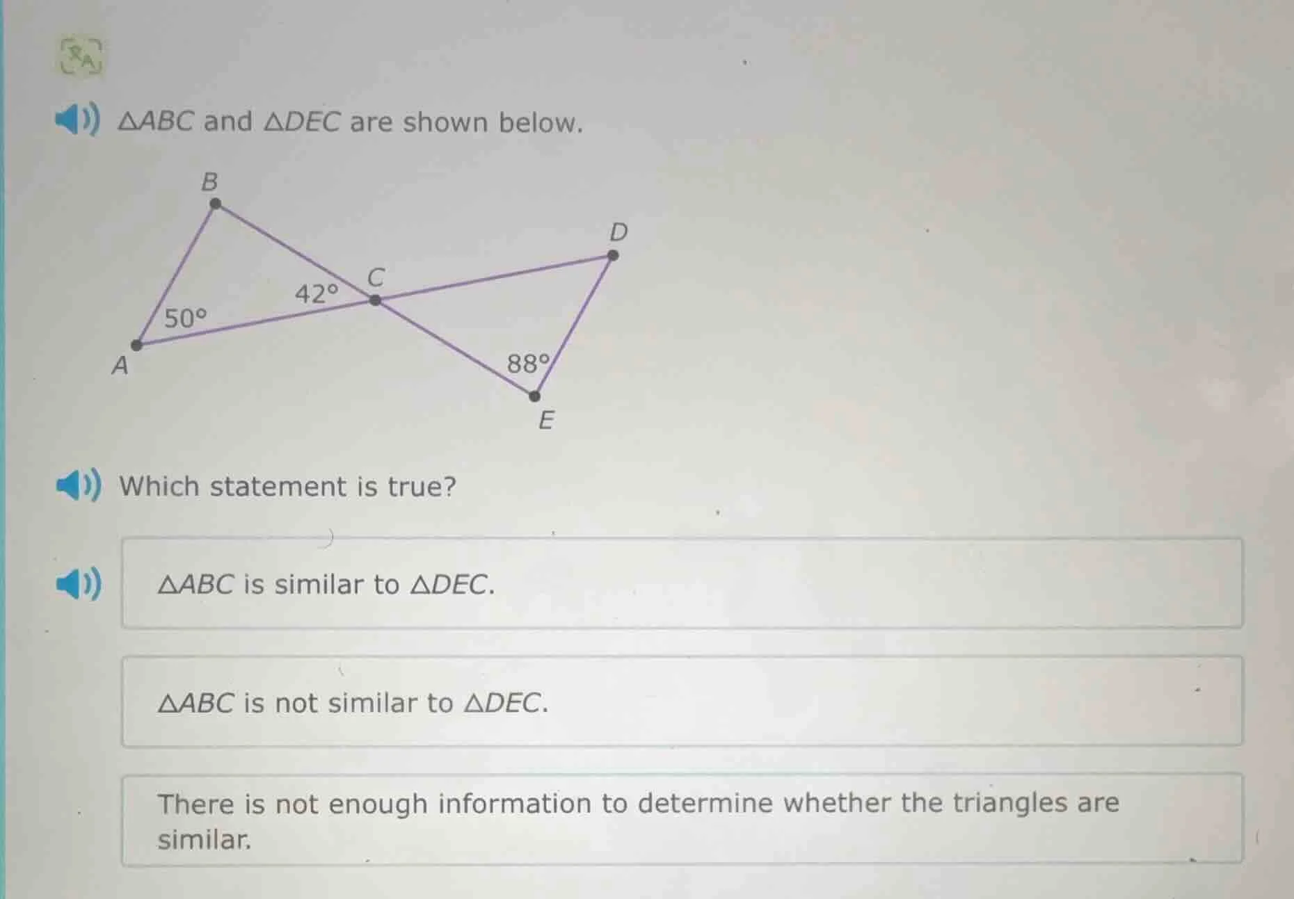 △abc and △dec are shown below. which statement is true? △abc is similar…
