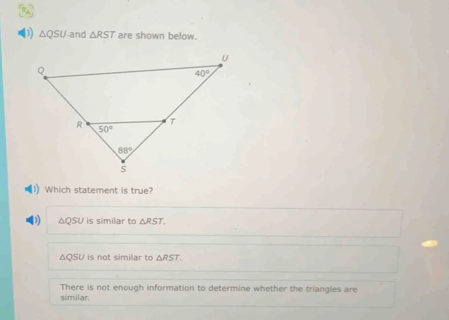 △qsu and △rst are shown below. which statement is true? △qsu is similar…
