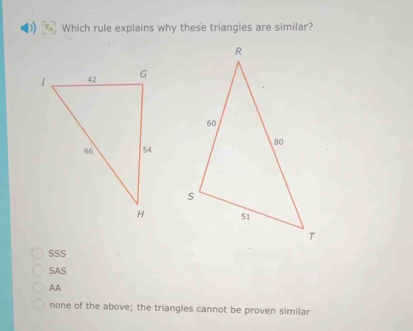 which rule explains why these triangles are similar? options: sss sas a…