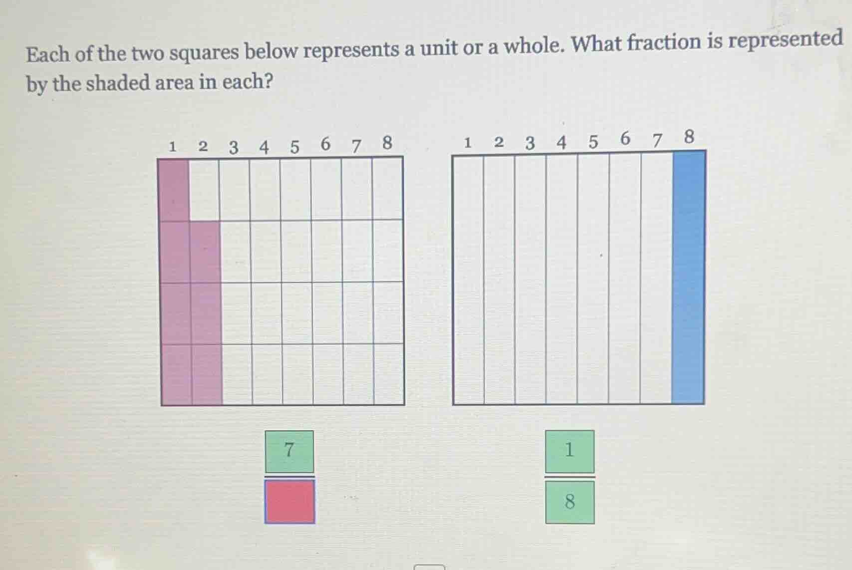 each of the two squares below represents a unit or a whole. what fracti…