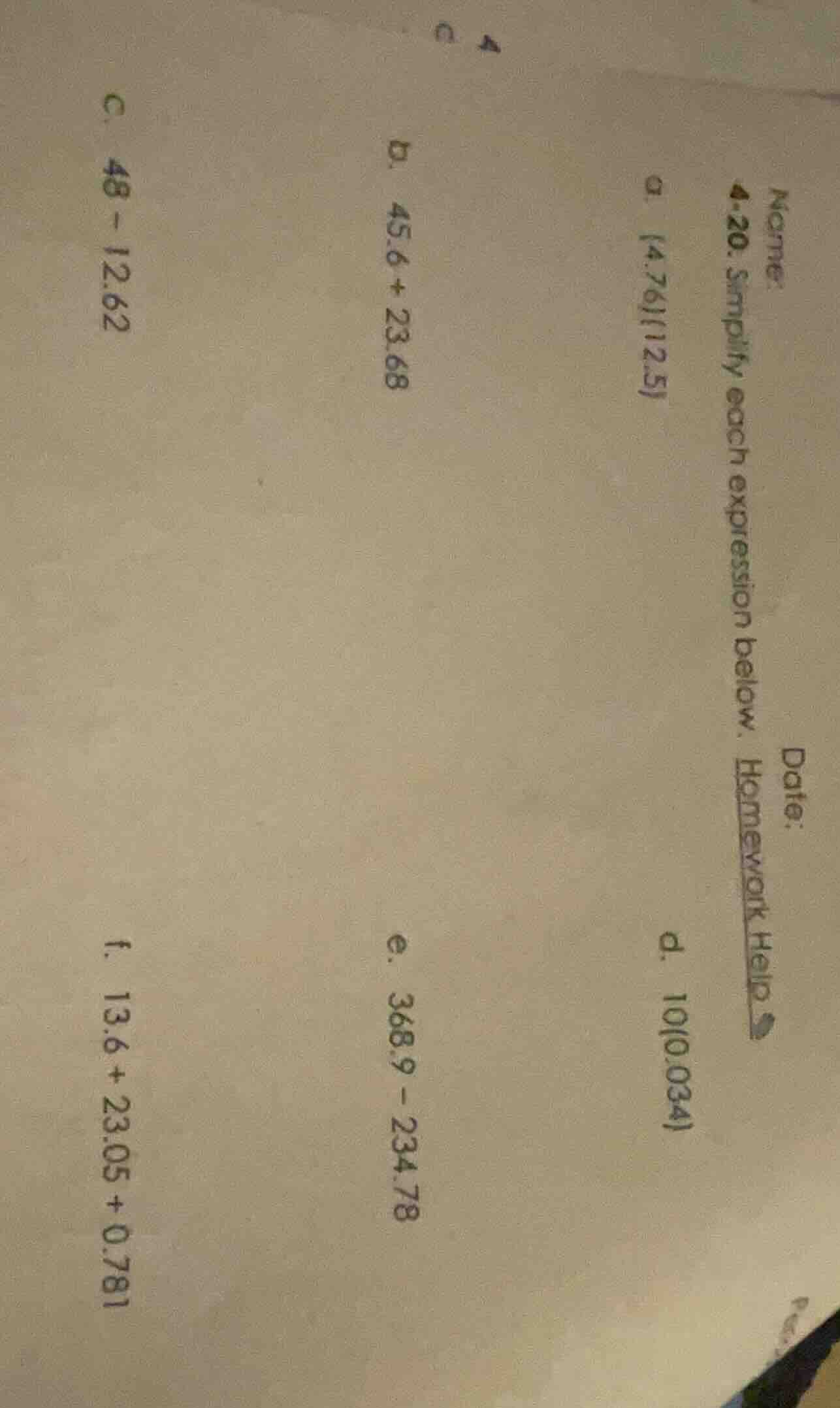 name: date: 4 - 20. simplify each expression below. homework help a. (4…