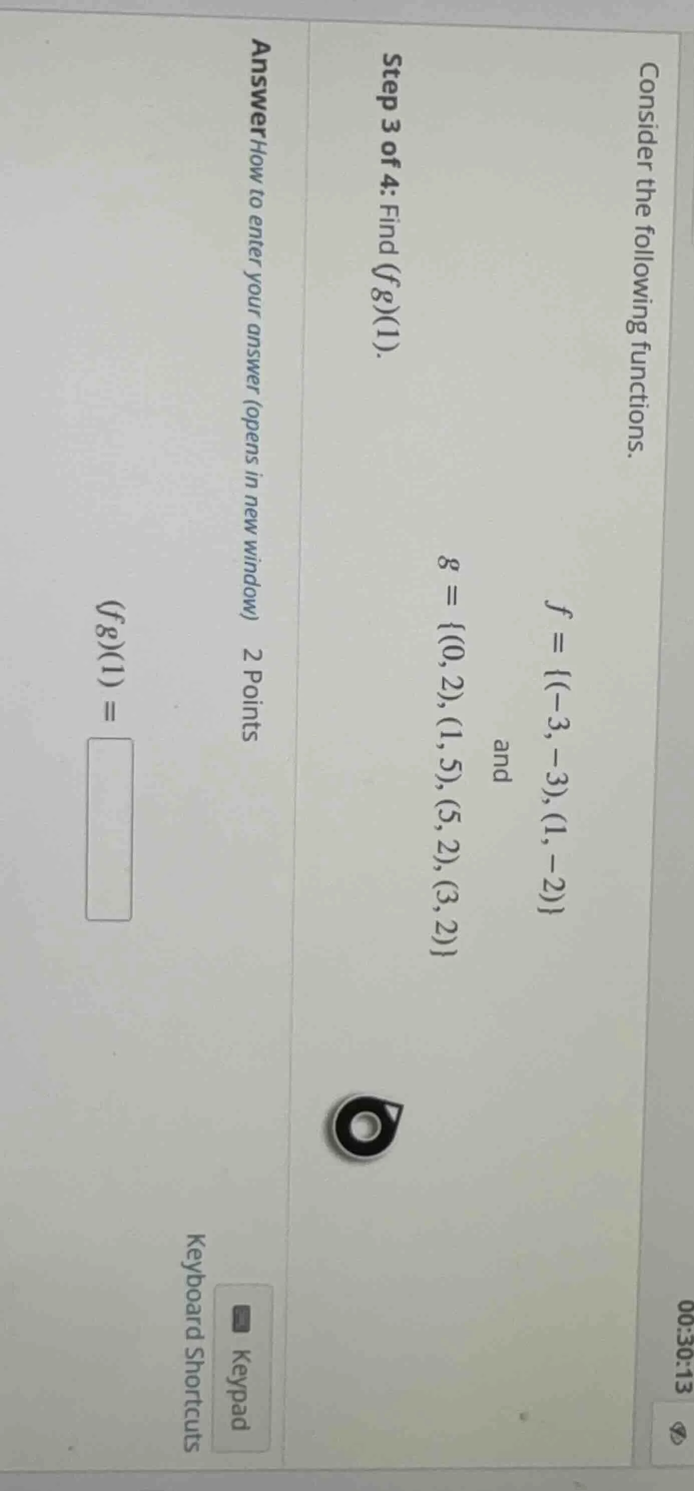 consider the following functions.\\( f = \\{(-3, -3), (1, -2)\\} \\) an…