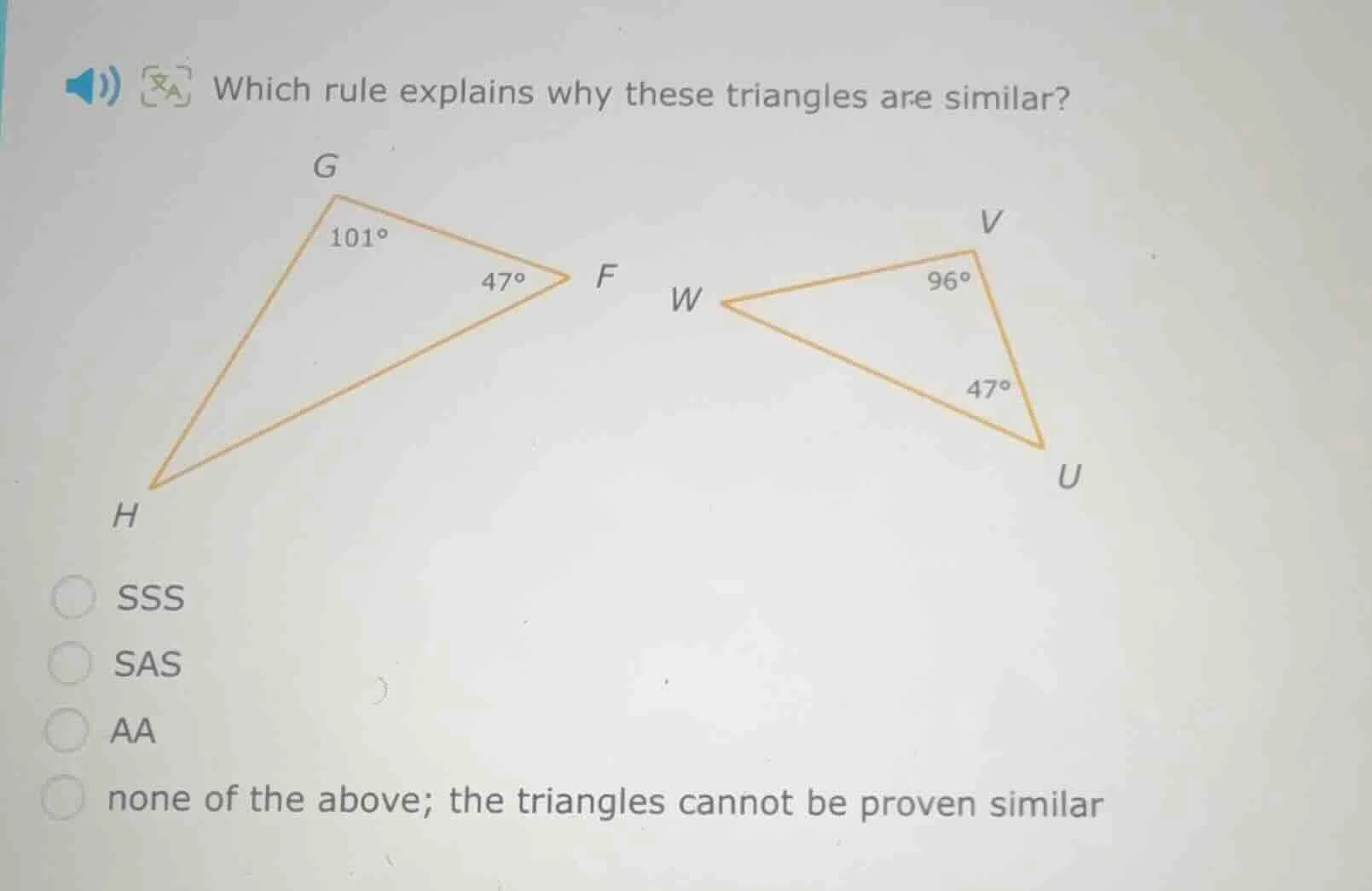 which rule explains why these triangles are similar? sss sas aa none of…