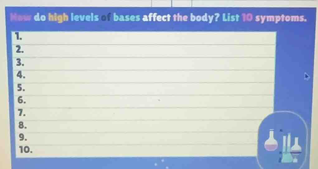 how do high levels of bases affect the body? list 10 symptoms. 1. 2. 3.…